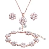 Bridesmaid Jewelry Set for Wedding&comma; 18K Gold or Rose Gold or Silver Plated Flower Pendant with Simulate Pearl Necklace Earring Bracelet Set for Women Gift