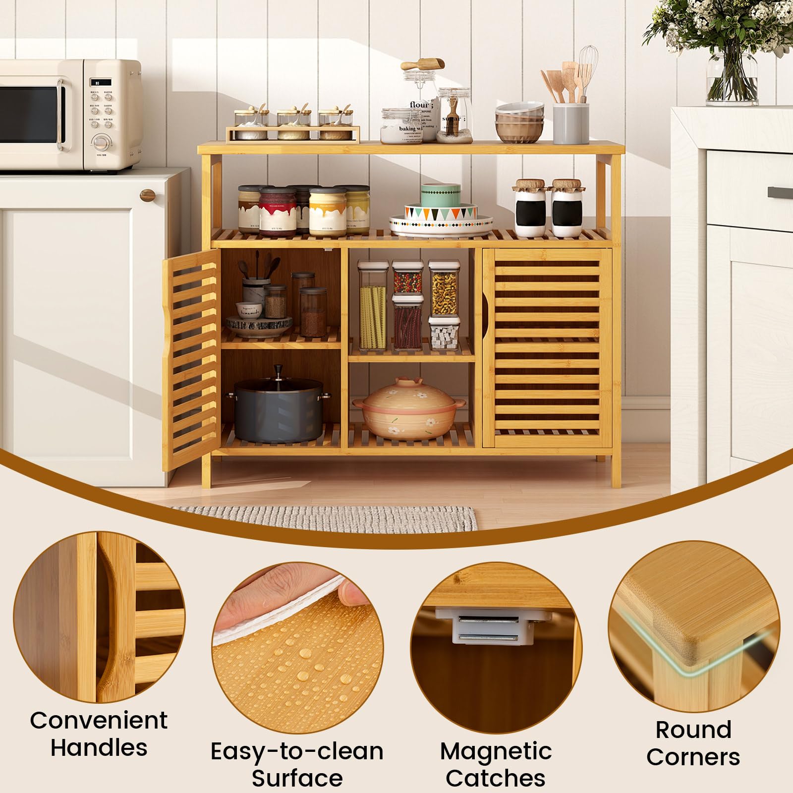 KOMFOTTEU Credenza Cucina in Bambù, Mobile da Bagno con Ripiani Aperti e 2 Porte, Armadio a Buffet a Doghe per Soggiorno, Sala da Pranzo, 100 x 35 x 80 cm, Naturale