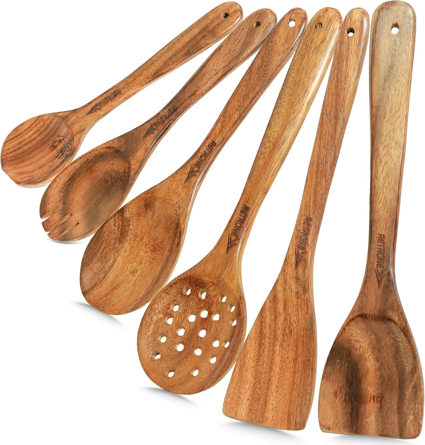 Wooden Cooking Utensil Set 6 Piece – Teak Wood Kitchen Tools with Spatula, Skimmer, Salad Spoon, Serving Spoon, Salad Fork – Heat Resistant, Non-Scratch