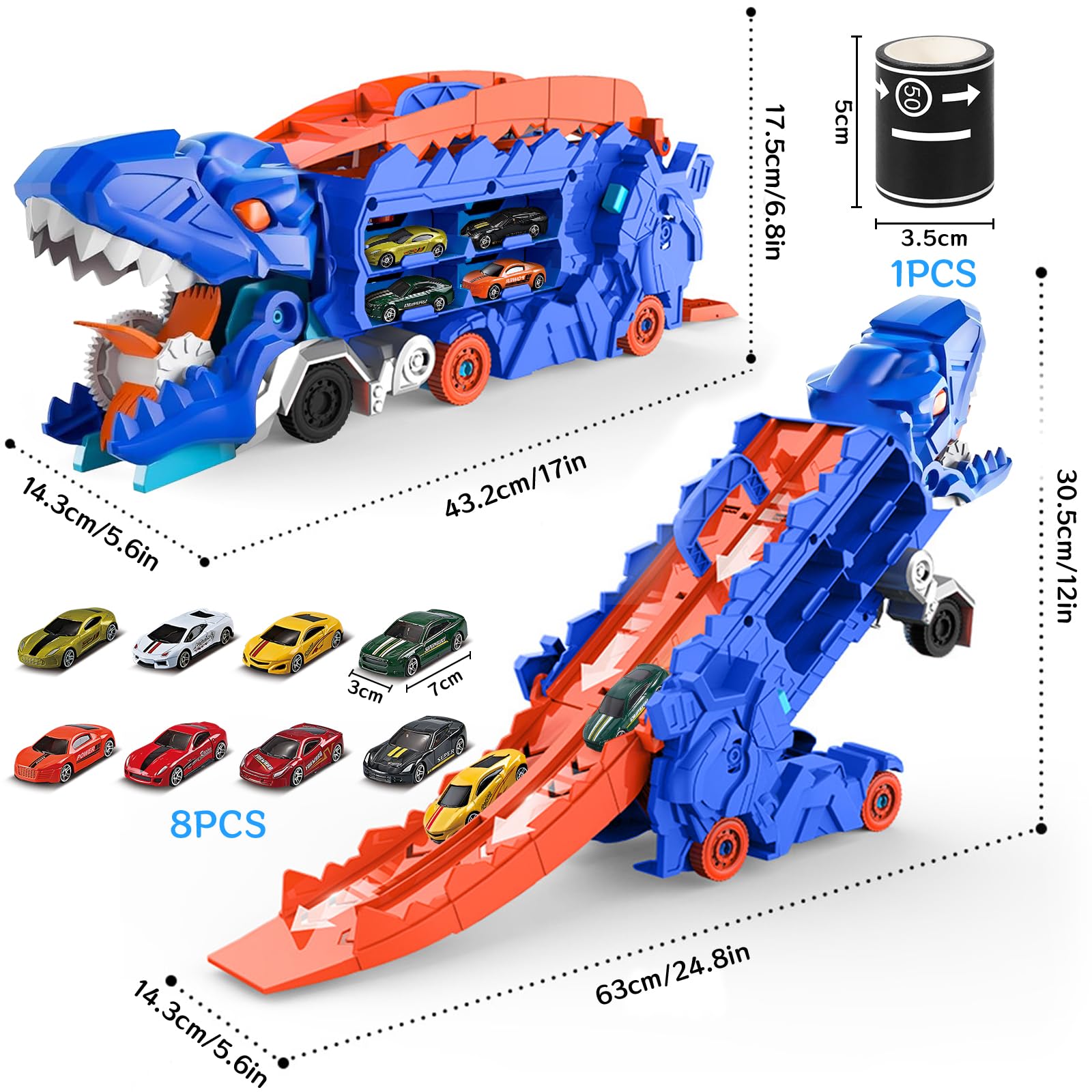 Juguetes para Camiones de Dinosaurios, Portátil Pista De Carreras Camión Juguete Coche con 8 Coches De Carreras, Camiones transportador de Juguete de 3, 4, 5, 6,7,8 años niño — view 2
