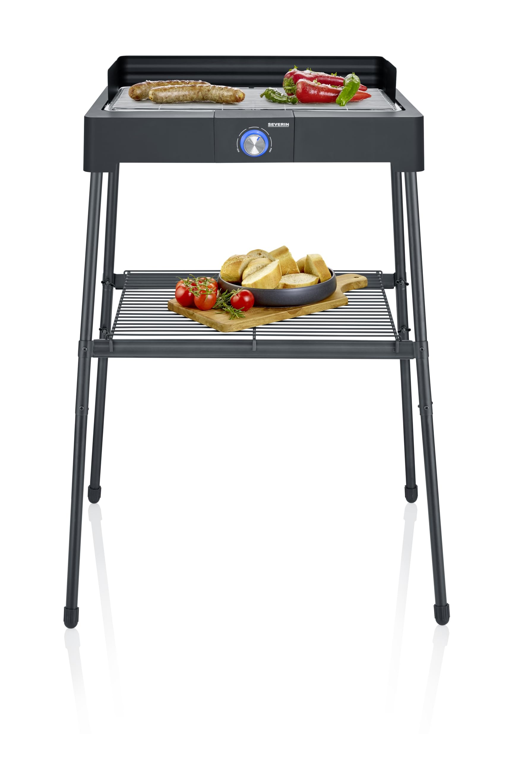 SEVERIN Standgrill mit Edelstahl-Grillrost und Standuntergestell und Ablagerost, Elektrogrill mit schnellem Grill-Start, Balkon Grill ohne Verbrennungsgefahr, Schwarz, PG 8566