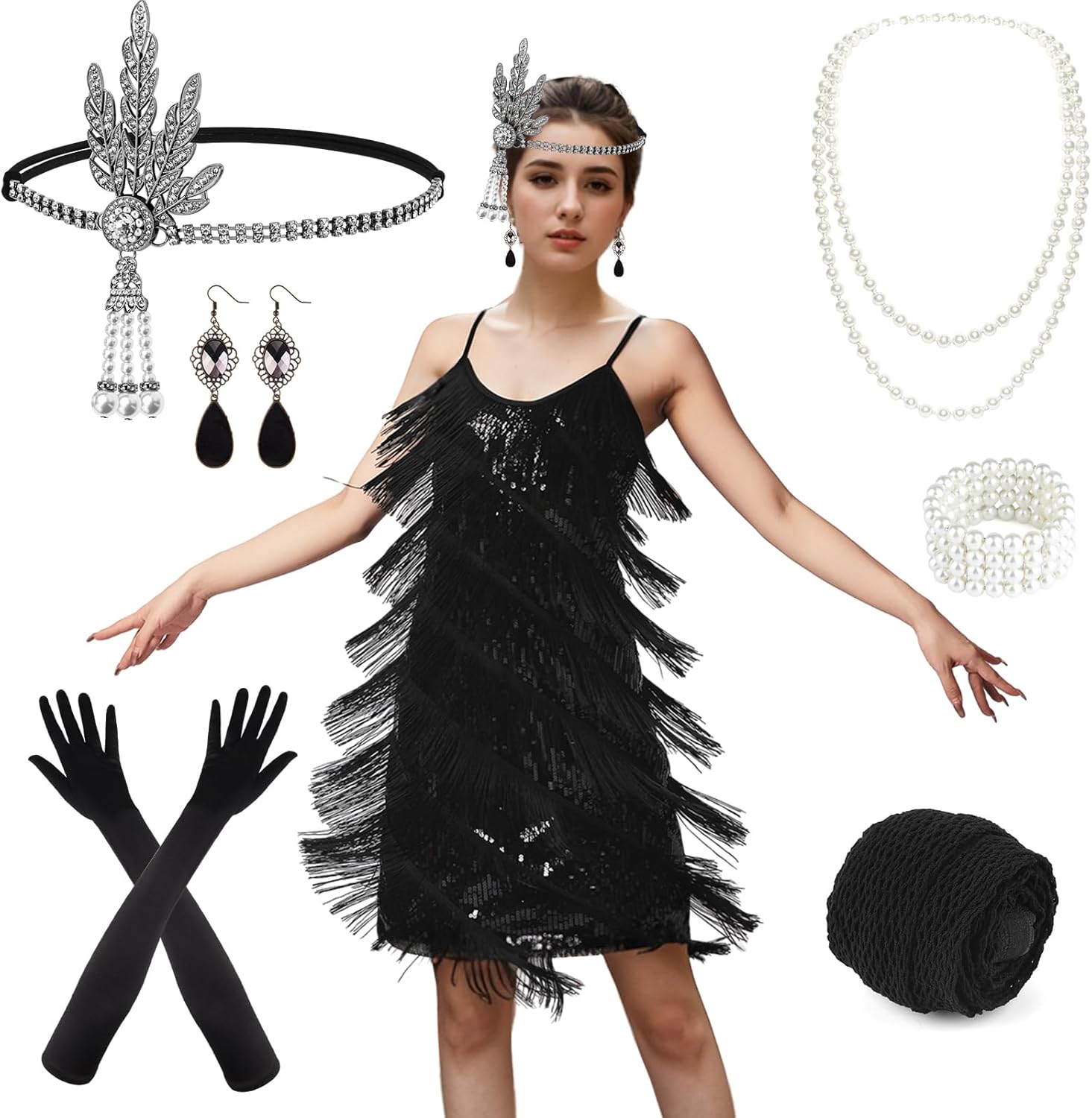 PLULON Women's 1920s Gatsby Sequin Fringed Vintage Flapper Dress Cocktail Party Dress with 20s Accessories Costume Set
