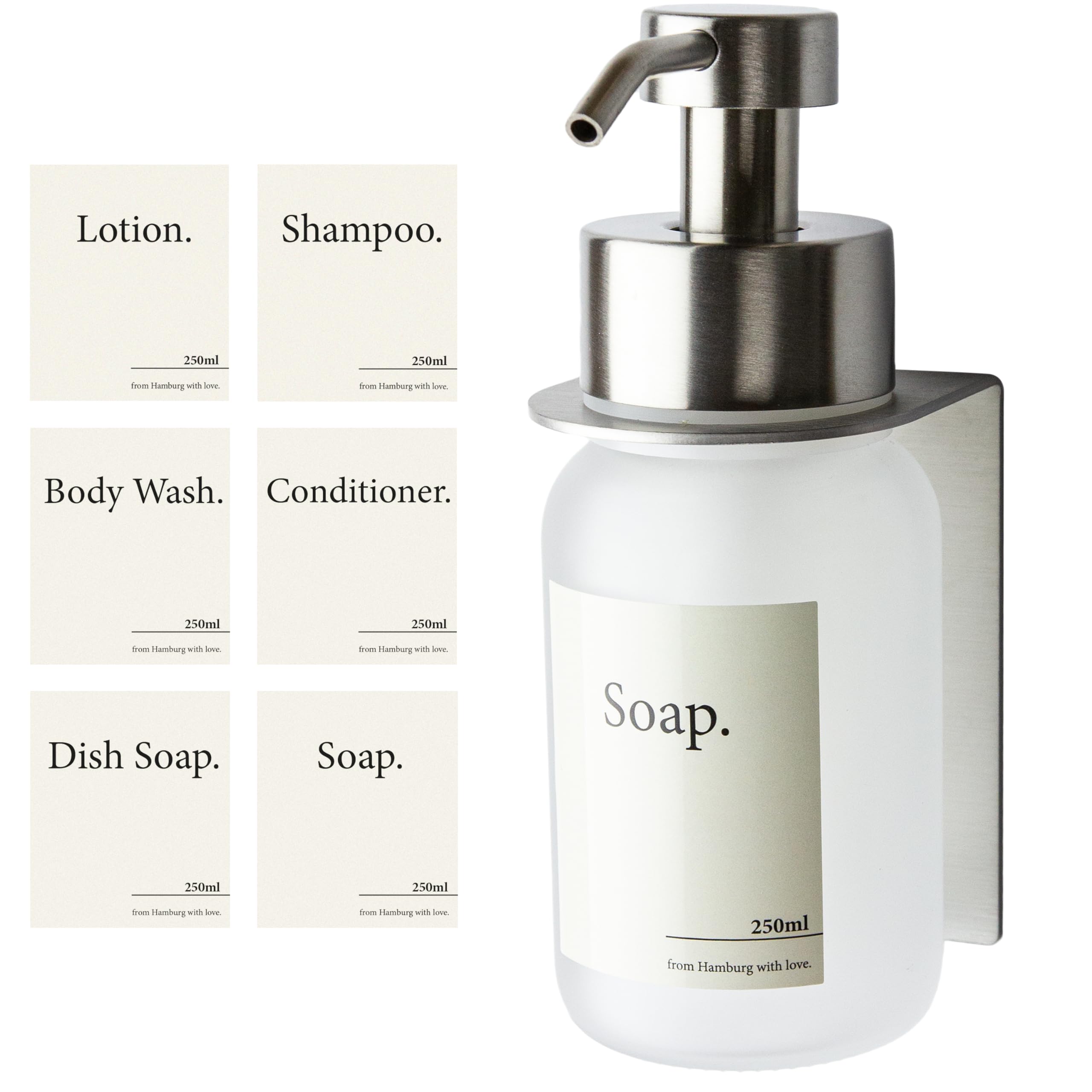 Designfactory Hamburg Glass Soap Dispenser, Silver / Frost, with wall mount