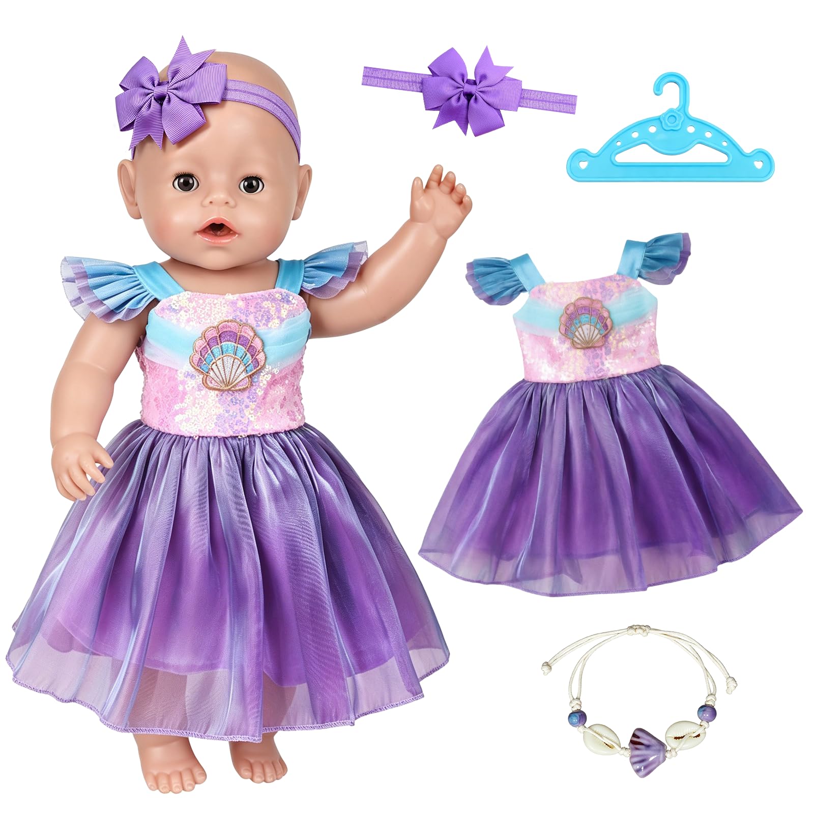 Baby Doll Clothes Outfits for 14-18 Inch Dolls, Purple Mermaid Dress with Shell bracelet Bow Hairband Hanger, Cute 35-43 cm Baby Doll Clothes Outfits Accessories Gift for Girls Birthday (No Doll)