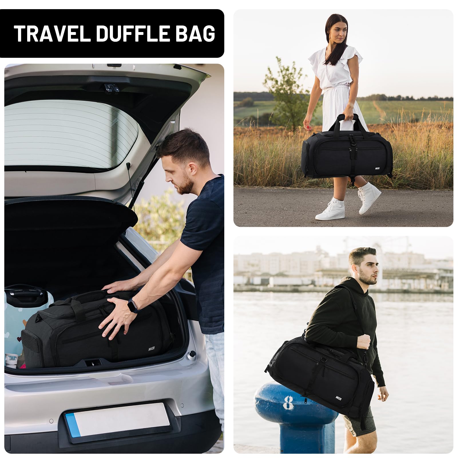 MIER Faltbare Reisetasche mit Schuhfach, 50 l, Reisetasche für Männer und Frauen, verstaubare Übernachtungstasche für Camping, Fitnessstudio, Wochenende, Schwarz, 50L, Faltbare Reisetasche mit