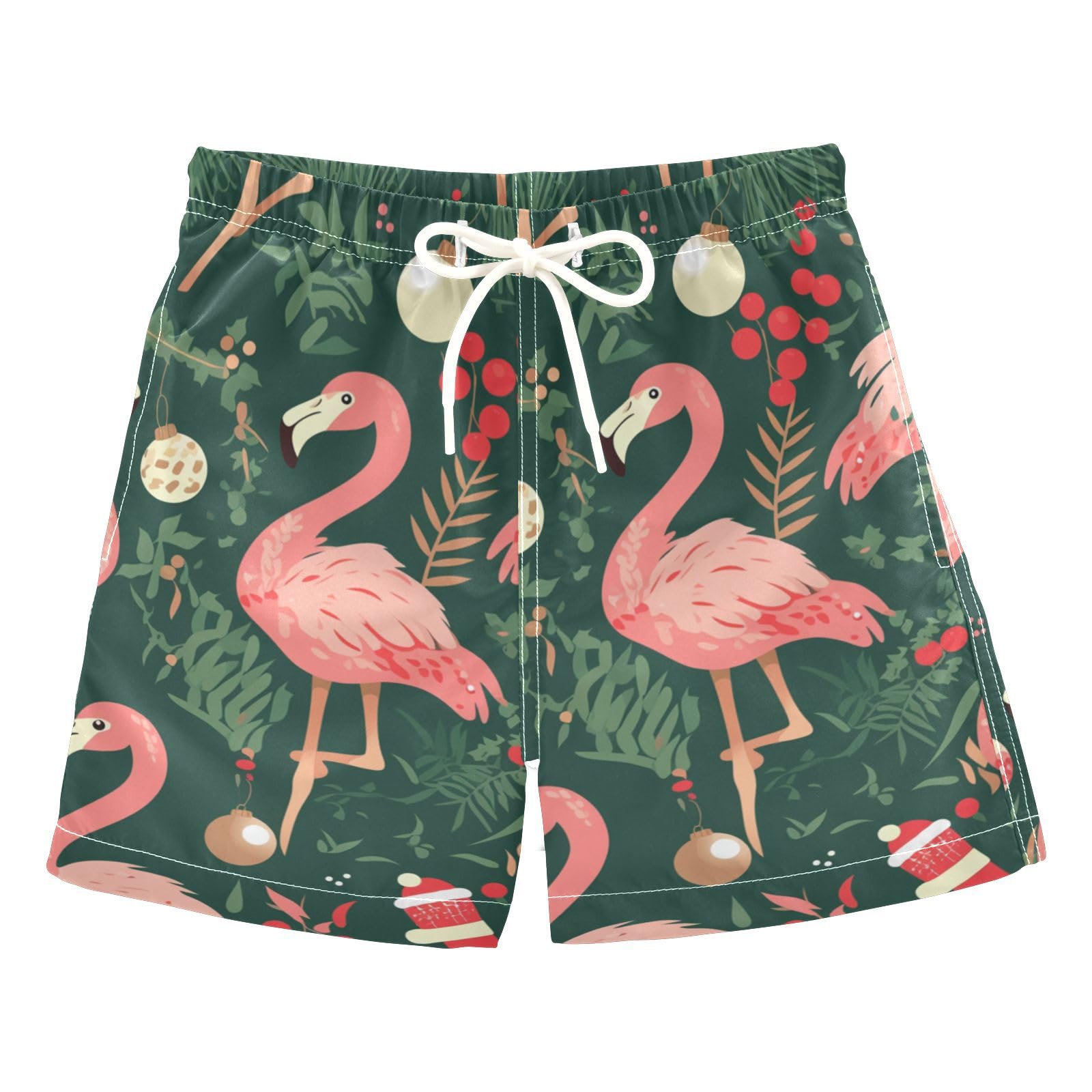 Christmas Pattern with Pink Flamingo Olive Toddler Swim Suits Funny Presents Boys Toddler Surfing Shorts Kids Swimwears Son's Presents M 8Y