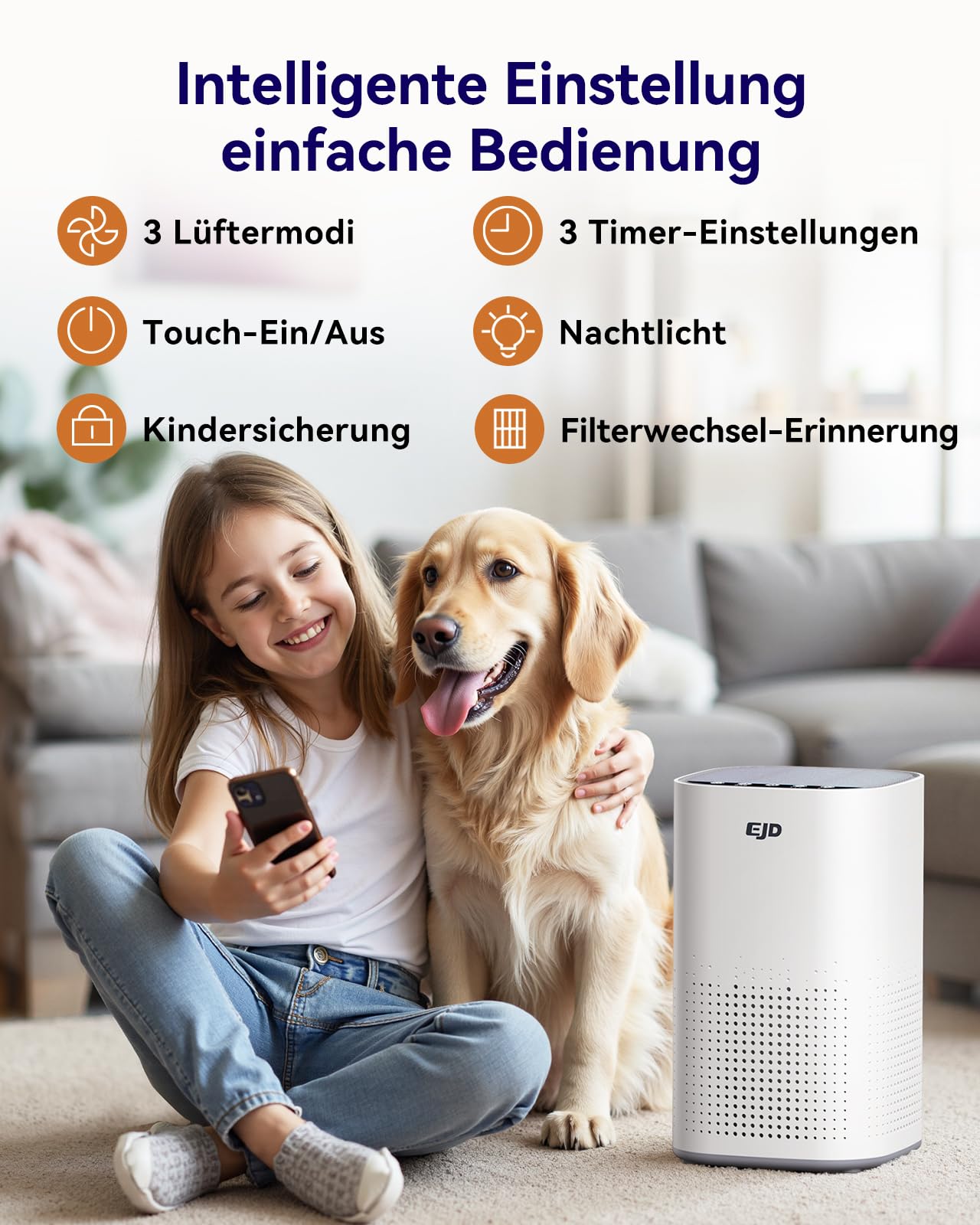 EJD Luftreiniger für große Schlafzimmer bis zu 70 m² mit CADR 223 m³/h | leiser H13 HEPA-Luftreiniger mit 15 dB Schlafmodus, 3-in-1-Filter entfernt 99,97% Pollen, Staub, Tierhaare, Gerüche (Weiß)