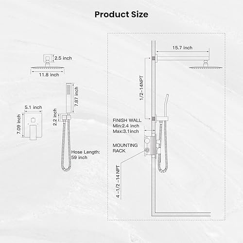 Miniatura 7 de gotonovo - Sistema de ducha de lluvia de 12 pulgadas de níquel cepillado, cabezal de ducha de alta presión, juego de grifo de ducha de baño con
