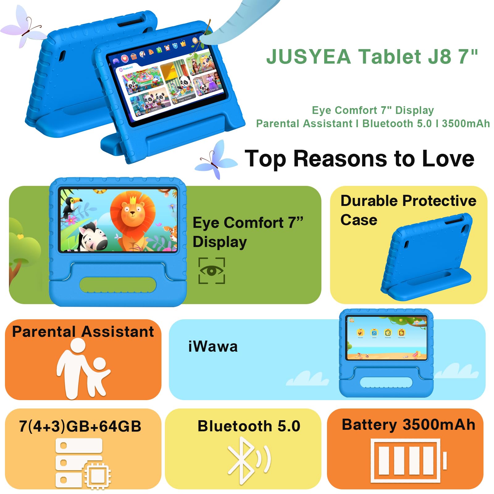 Dghrti Tablet 7 Inch Android, Quad-core, 7GB +64GB (TF 512GB), Parental Control, 3500mAh, BT 5.0, 5+8MP, Tablets with EVA Protective Case, Blue