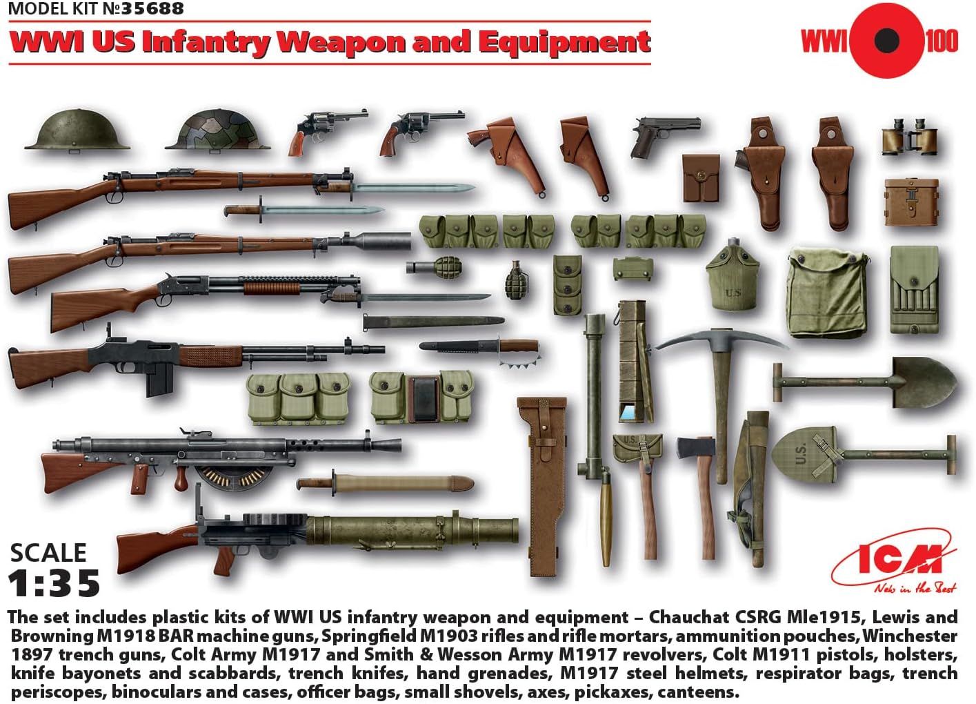 ICM 35688 Plastic Military Model Kit WWI US Infantry Weapon and Equipment - Scale 1:35