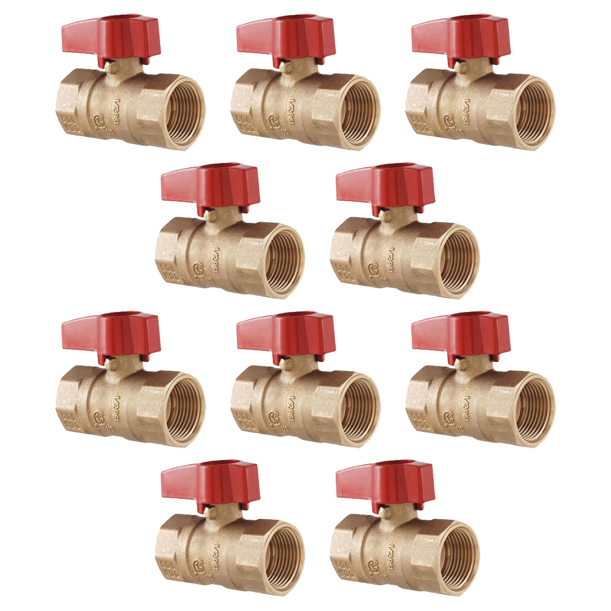 [10-Pack] PROCURU 3/4-Inch FIP Straight Gas Ball Valve, Rust Resistant Brass, Quarter-Turn On/Off, CSA Certified