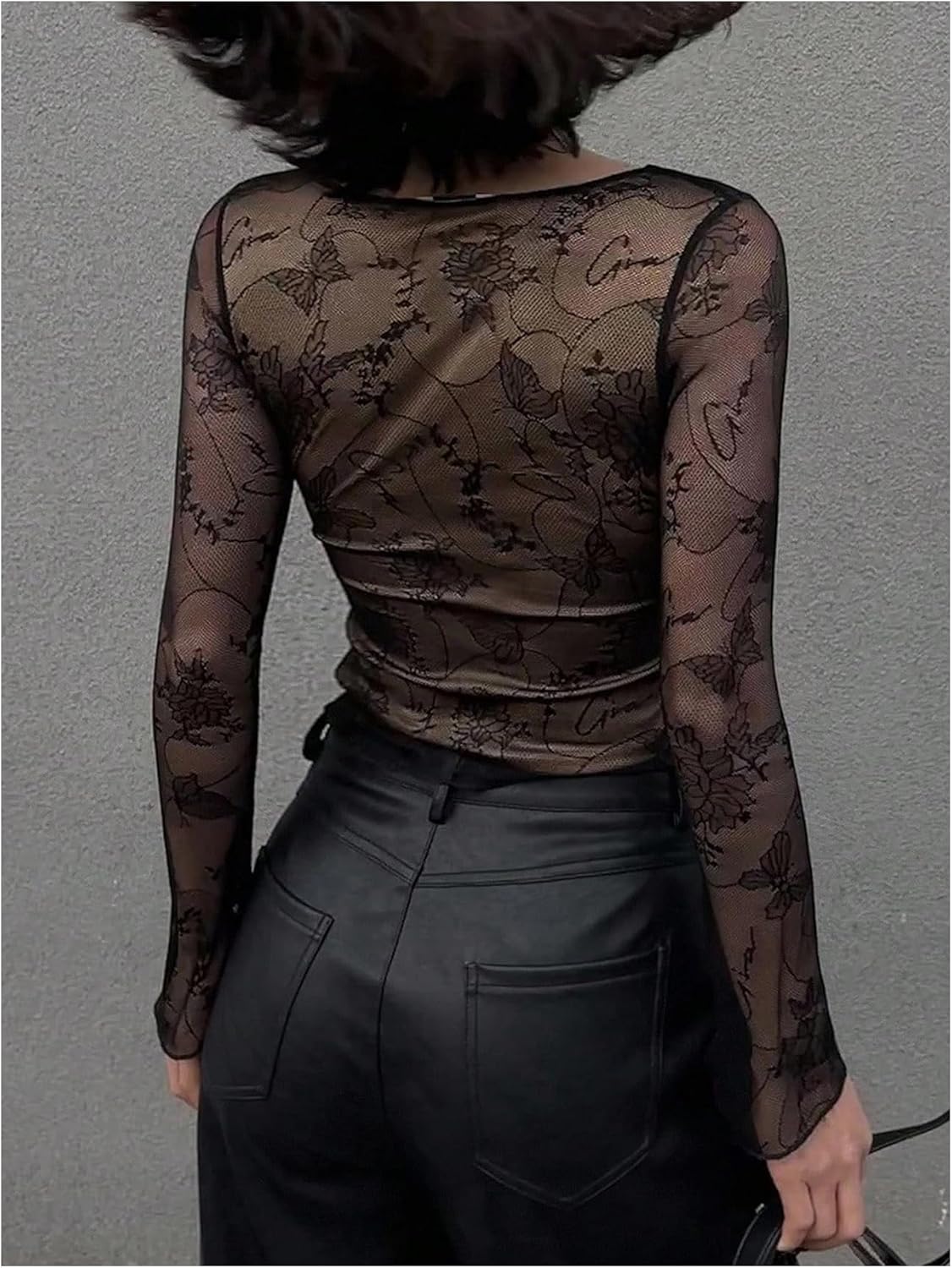 SOLY HUX Women's Floral Lace Top V Neck Long Sleeve Sheer T Shirt Going Out Crop Tops - Image 2