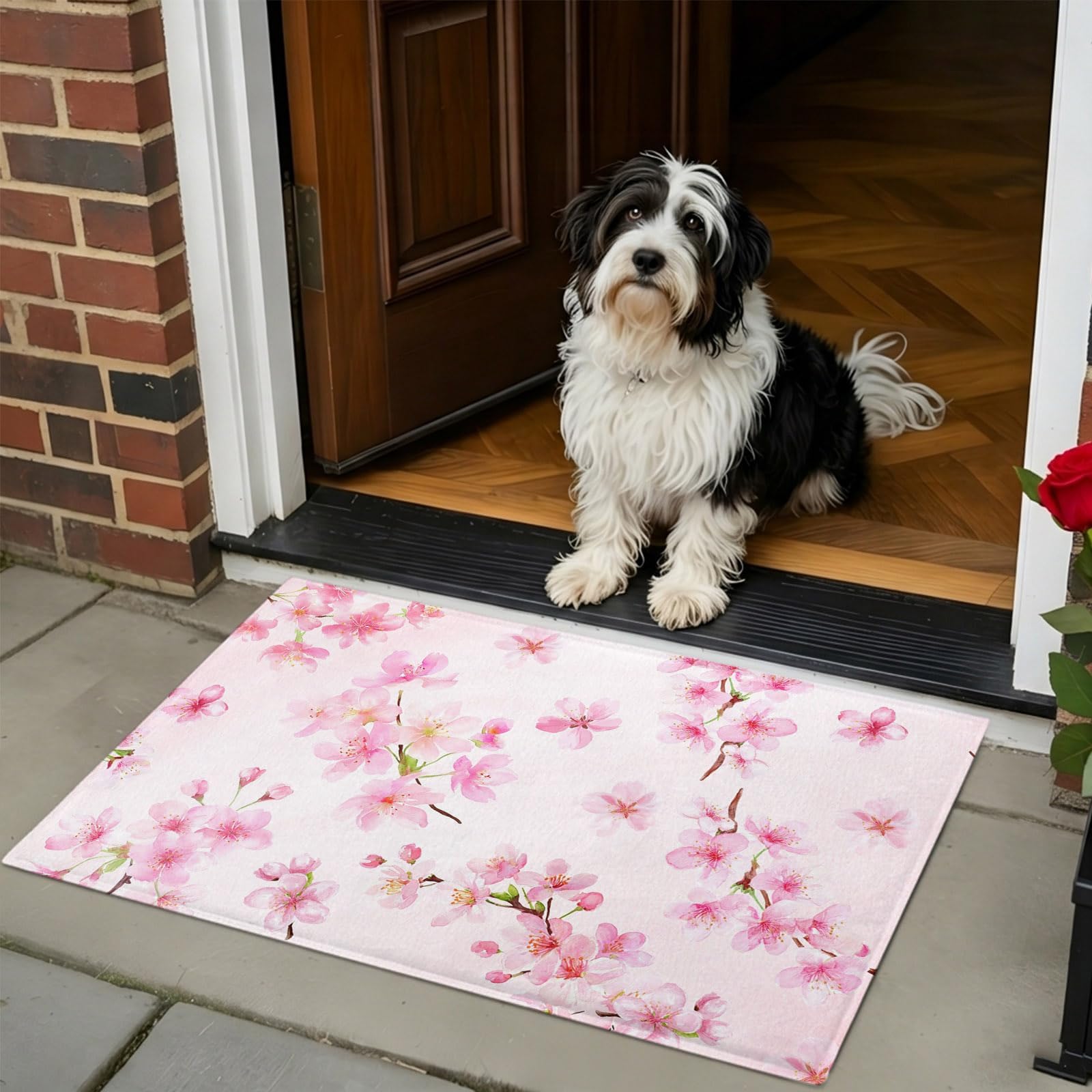 Shag Bath Rugs Watercolor Romantic Pink Cherry Blossoms Plush Soft Fluffy Doormat Floor Carpet, Non-Slip Living Room Bedroom Kitchen Entryway Door Mats Japanese Style Floral