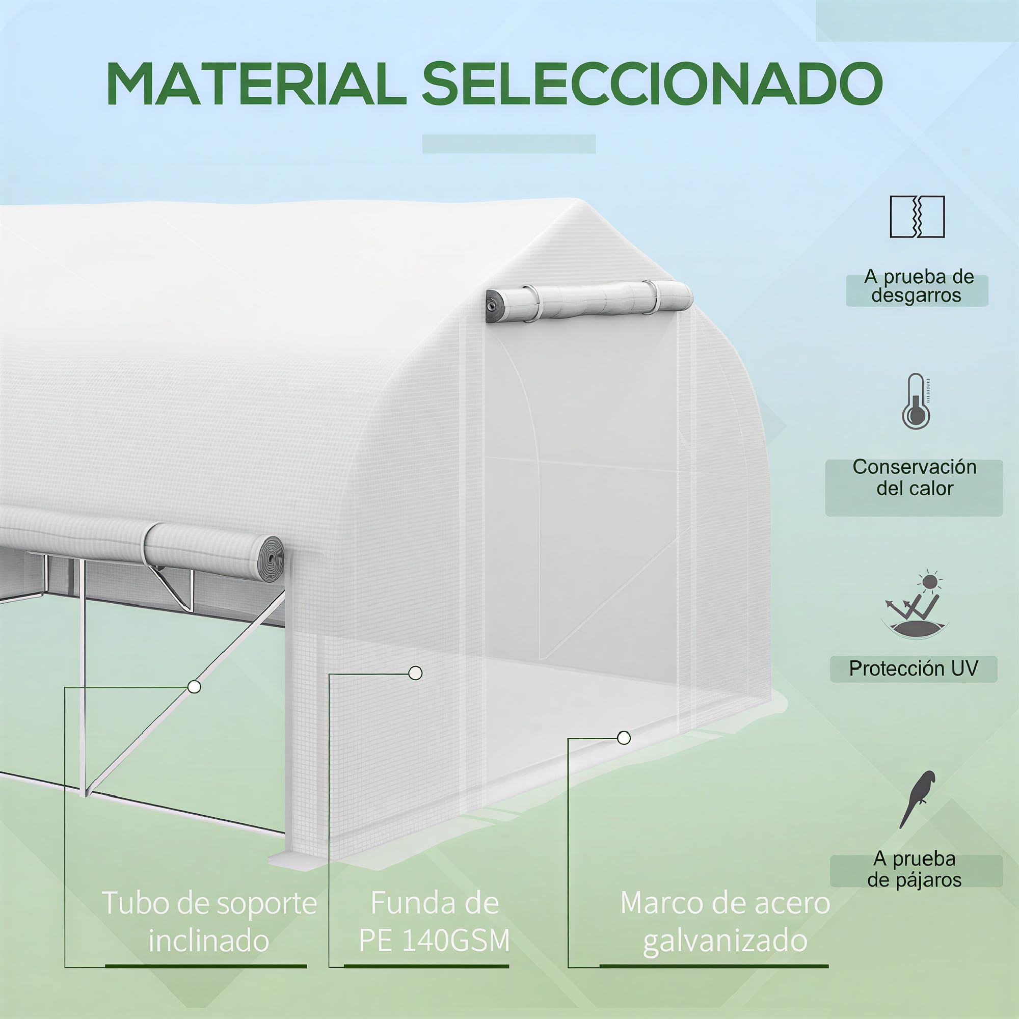 Outsunny Invernadero de Túnel 4x3x2 m con Techo Puntiagudo y Persianas Enrollables Invernadero de Jardín con 8 Ventanas y Puerta de Malla para Cultivos Plantas Verduras Invernadero de Huerto Blanco