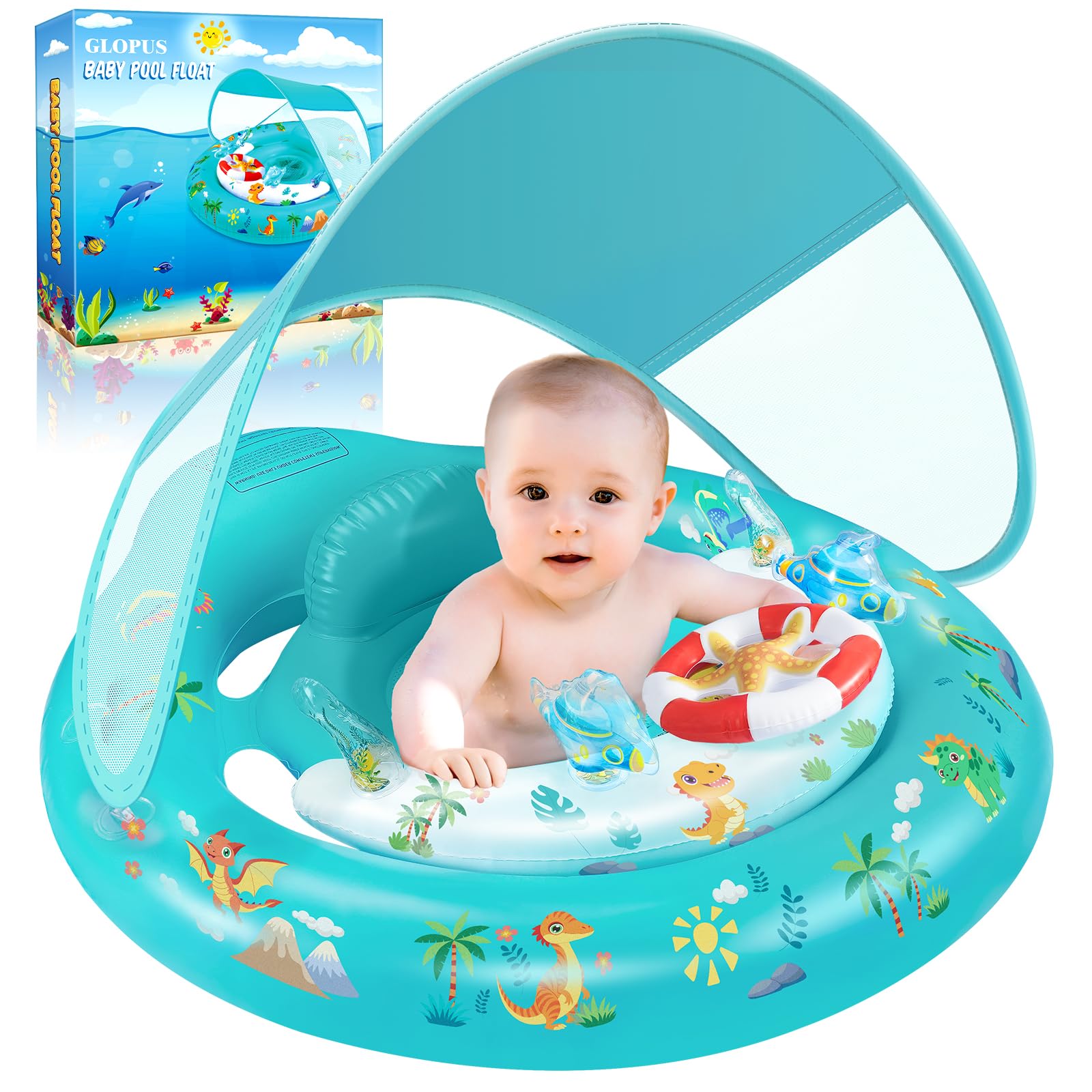 Baby Pool Float with Canopy UPF50+ Sun Protection, Inflatable Kids Pool Floats with Toy Play Console for Baby 6-36 Months, Infant Swimming Float with Adjustable Safety Seat for Boys Girls