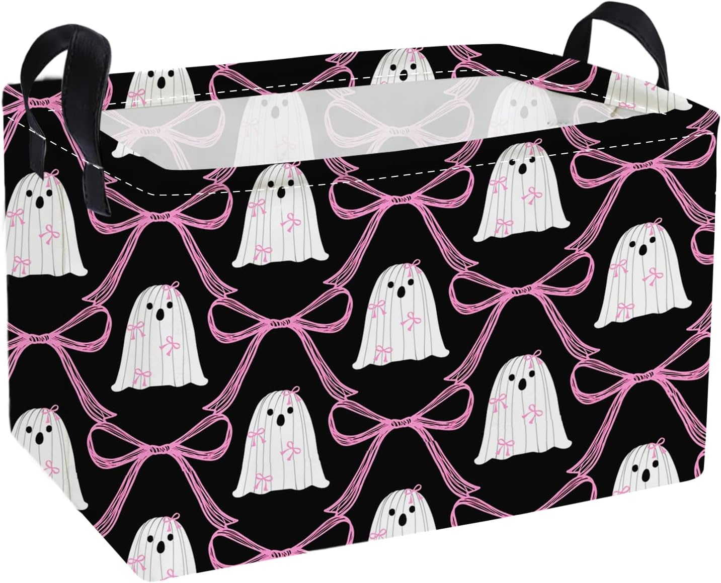 Essme Rectangular Halloween Basket,Ghost Storage Bins Organizer with Handles for Room Decor, Gift Basket,Shelf Basket.(Bow Ghost)