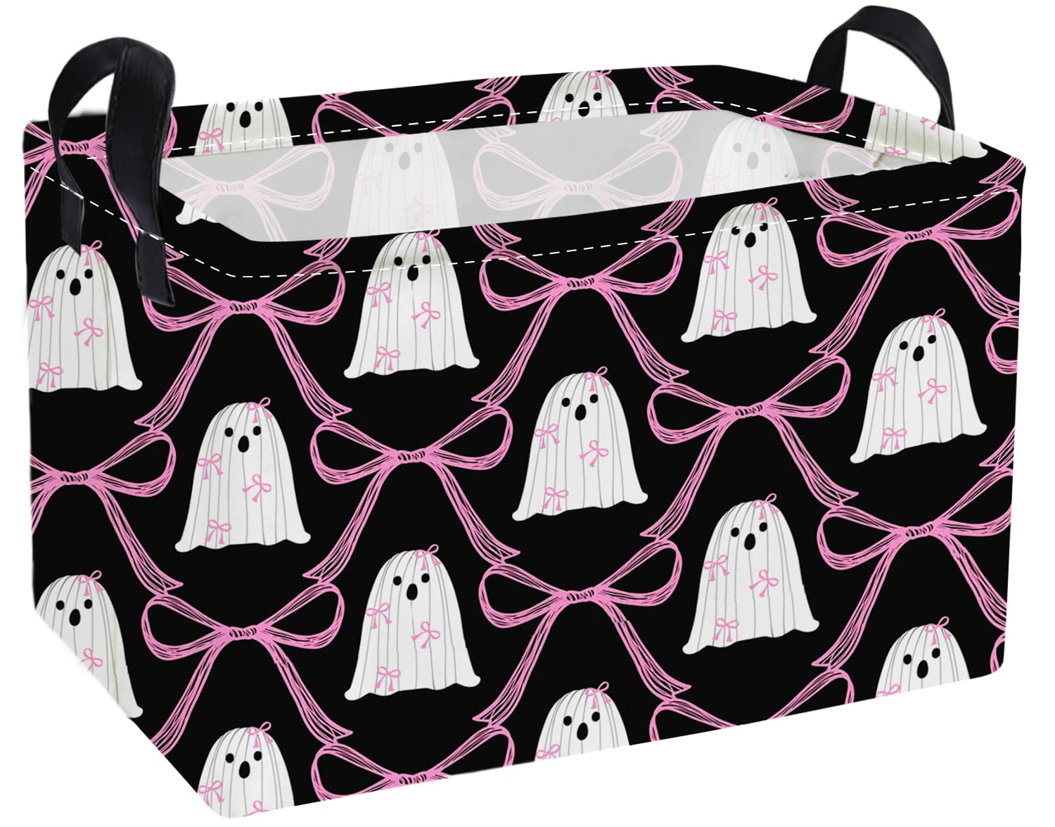 Essme Rectangular Halloween Basket,Ghost Storage Bins Organizer with Handles for Room Decor, Gift Basket,Shelf Basket.(Bow Ghost)