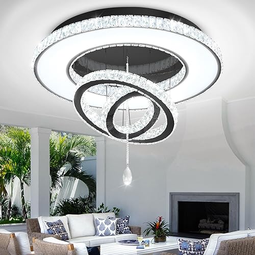 Flashing God Dia 32'' Modern Crystal Chandeliers for Living Room Crystal Flush Mount Ceiling Chandelier Large Chandeliers for Dining Room Bedroom Black LED Dimmable 3000-6000K