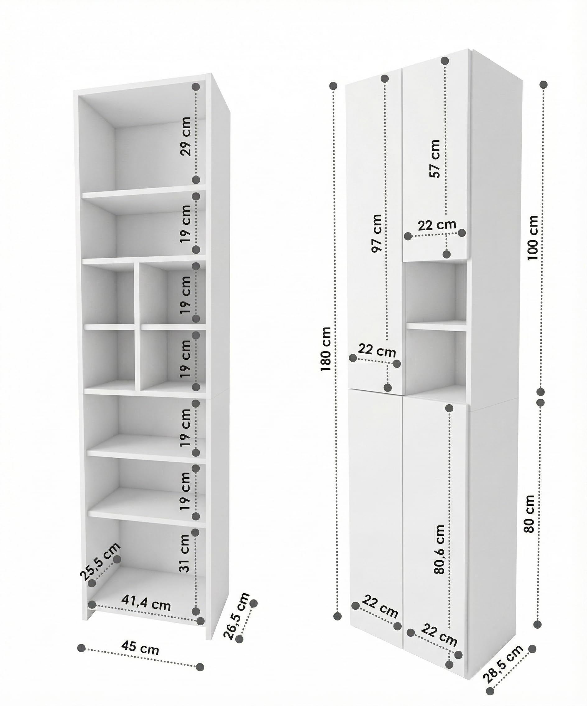 Badschrank Hochschrank schmal stehend | Badezimmer Regal mit Stauraum | platzsparender Badezimmerschrank | Weiß