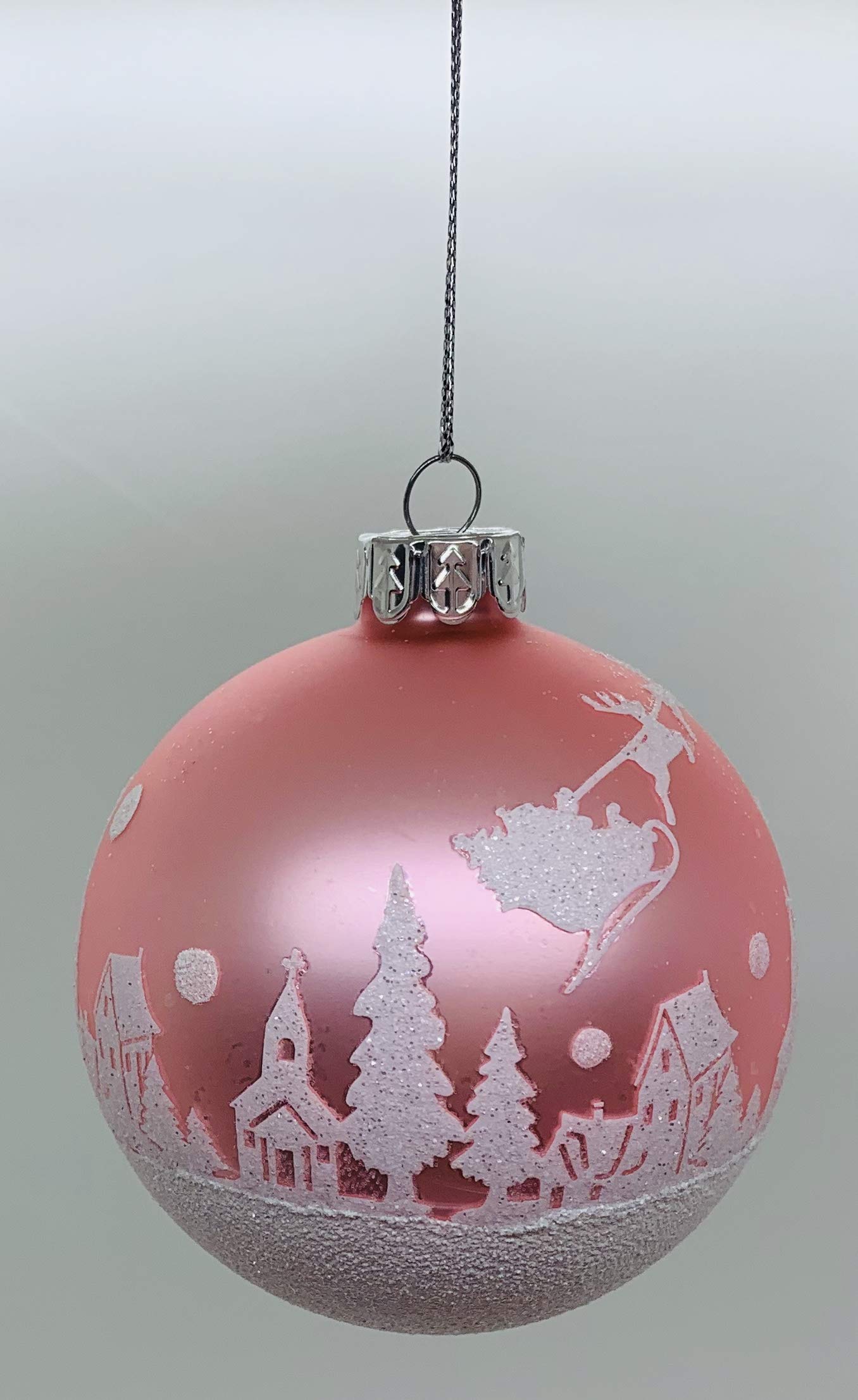 Gisela Graham Christmas Bauble Glass Bauble in Pink with White Glitter Village and Santa Claus with Sleigh