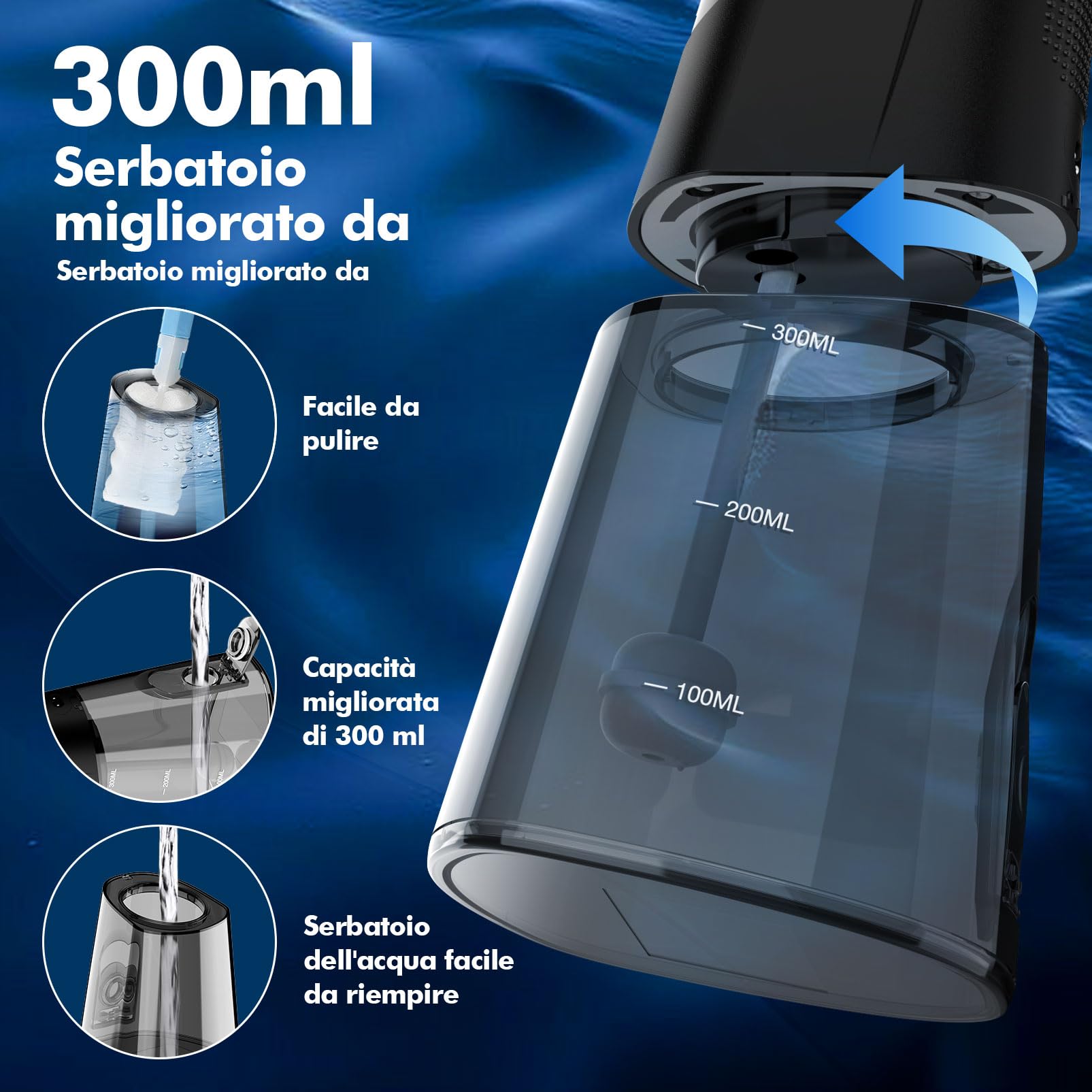 Water Flosser Elettrico Senza Fili con 4 Modalità e 4 Ugelli, Idropulsore Orale IPX7 Impermeabile, Serbatoio da 300ml, per Uso Domestico e da Viaggio - Nero