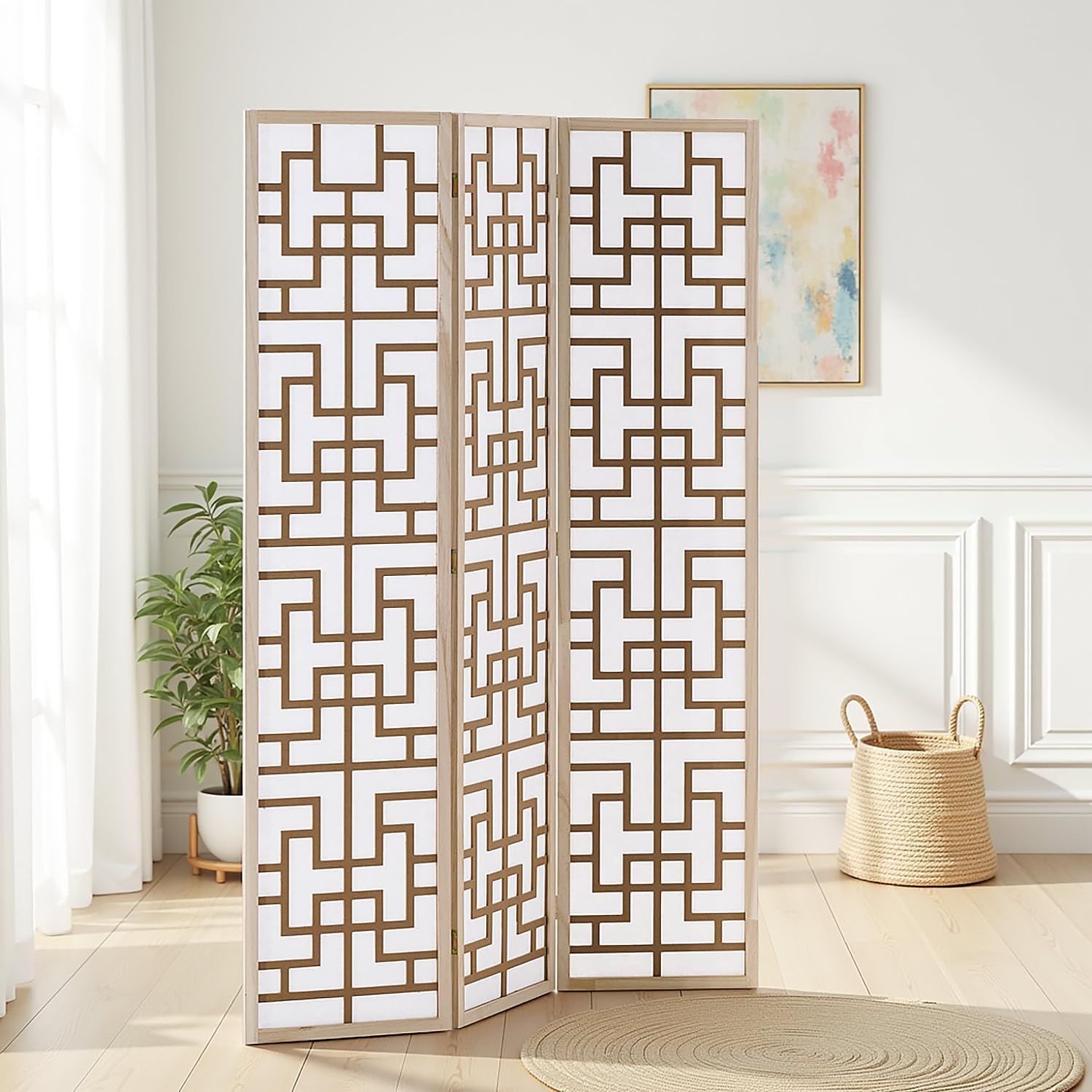 Homestyle4u Shoji 3036 Paravent, 3 pièces, en bois, naturel, brise-vue, indépendant, 120 x 170 cm