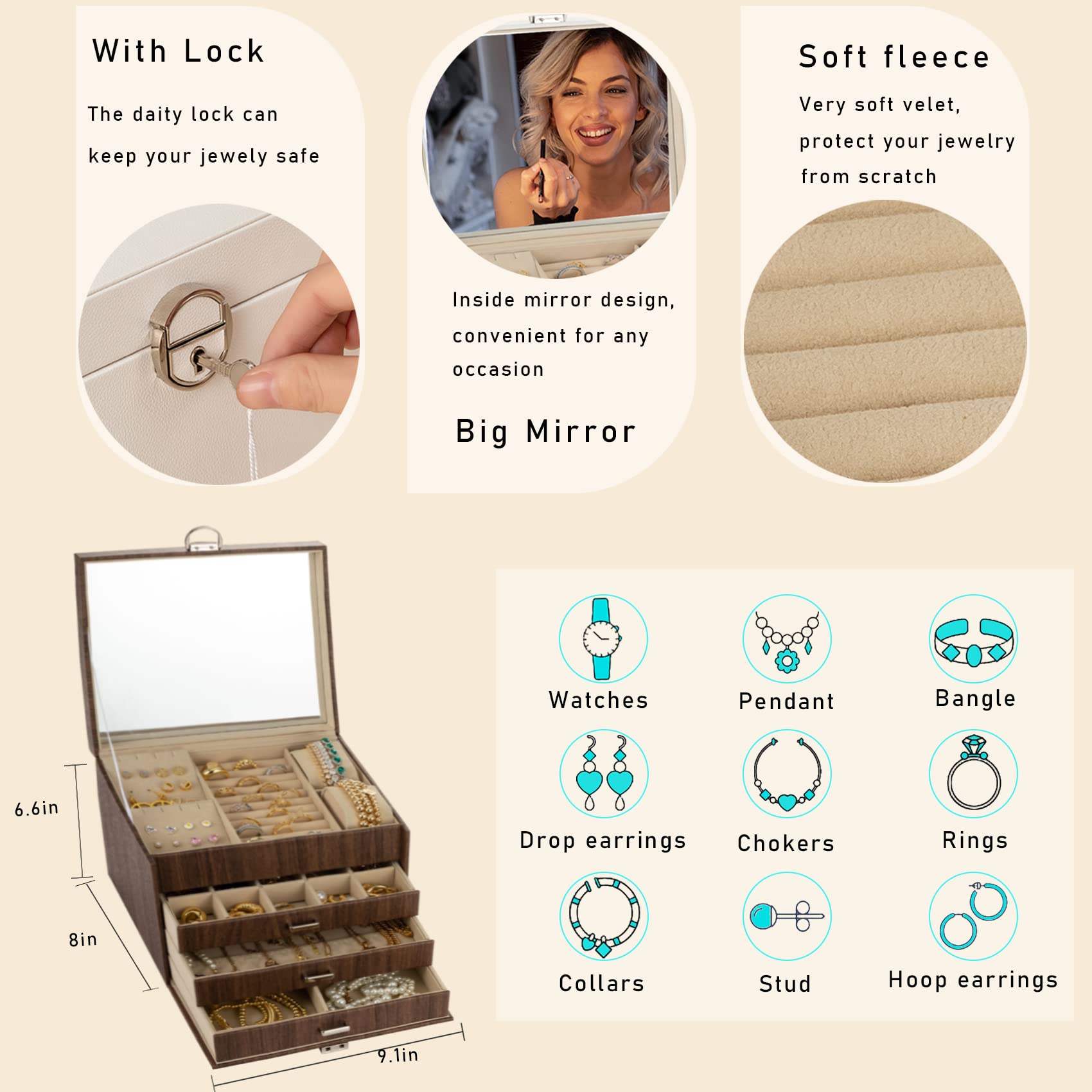 Wood Grain Jewelry Boxes for Women, 4 Layers Jewelry Storage Organizer, Gift Idea, Small Locking Large Jewelry Organizer Box