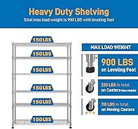Vista 5 de Estantes de almacenamiento resistentes de 6 niveles - Estante de metal con estantes y ganchos ajustables - Estante de alambre comercial con patas