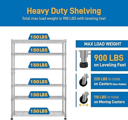 Miniatura 5 de Estantes de almacenamiento resistentes de 6 niveles - Estante de metal con estantes y ganchos ajustables - Estante de alambre comercial con patas