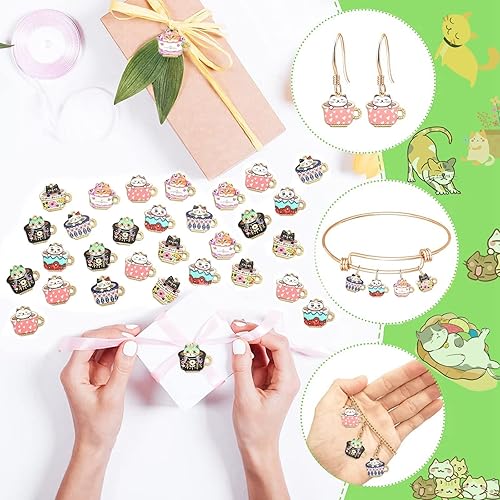 Miniatura 7 de DanLingJewelry 30 dijes de taza de gato esmaltados de 6 estilos, lindos dijes de taza de té para hacer collares y joyas