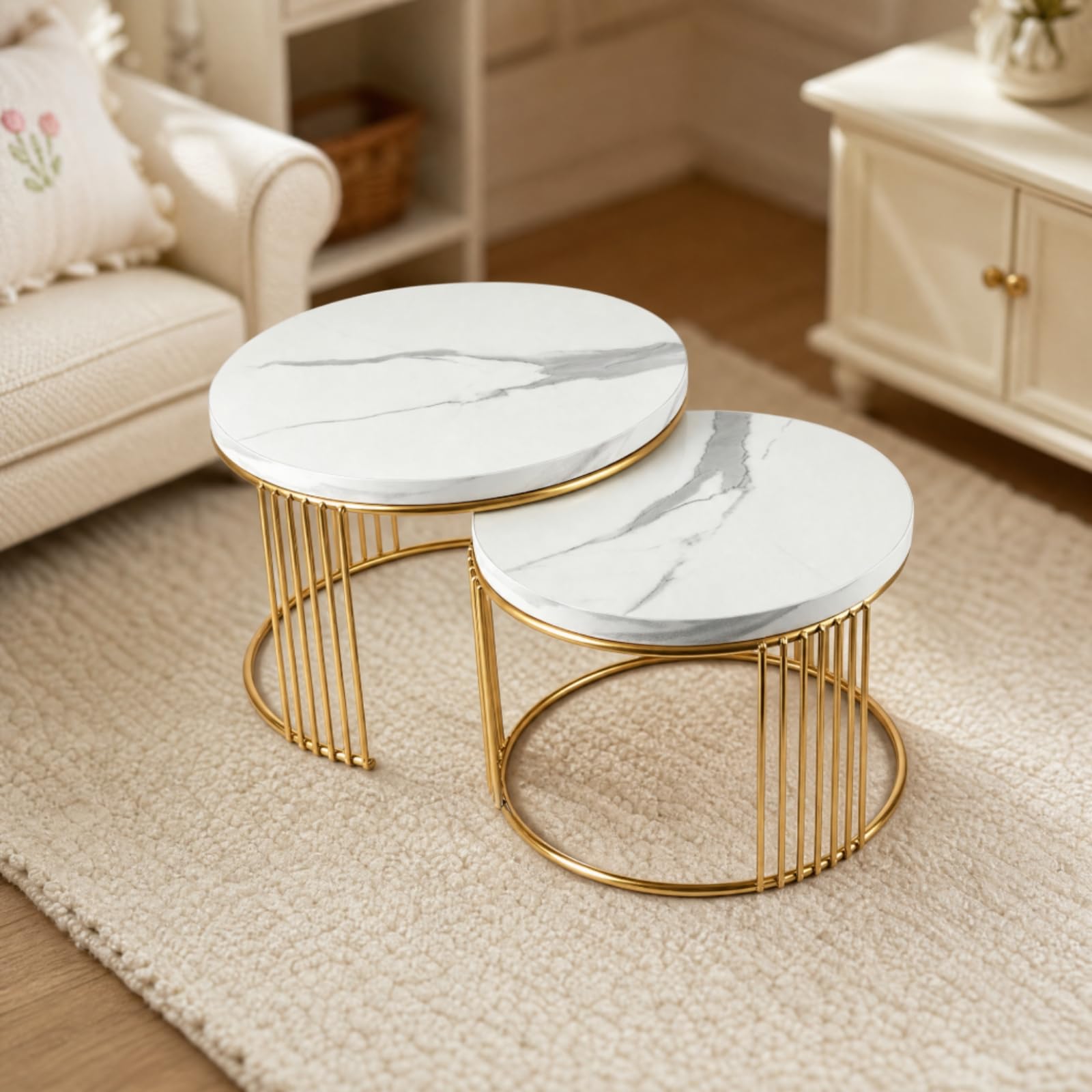 2 Pezzi Tavolini Nidificanti con Struttura in Metallo Tavolino Impilabile con Superficie da 1,5 Cm Moderno per Arredamento Stanza, Colore Marmo