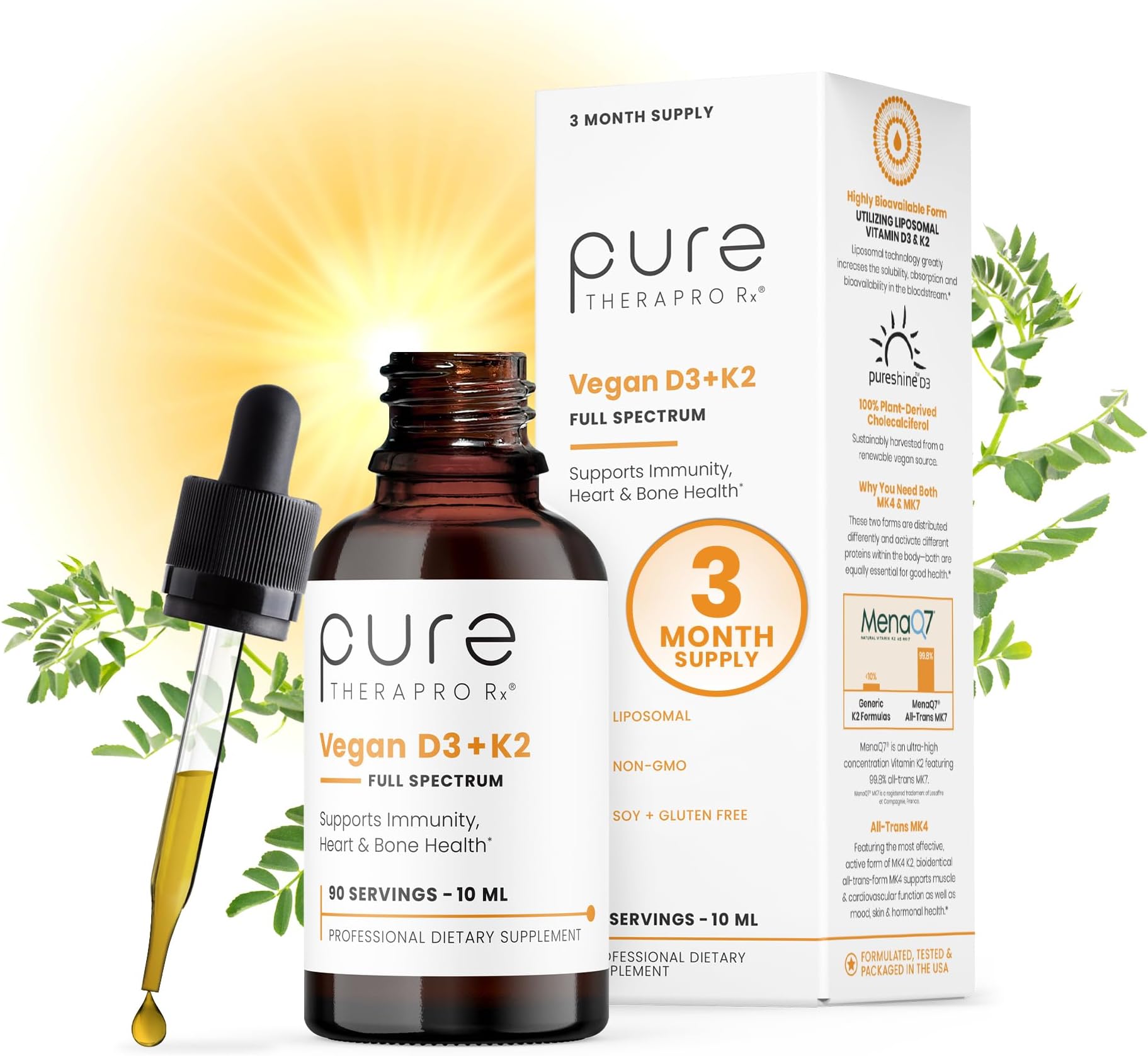 Pure Therapro Rx Vegan D3 + K2, Bone & Heart Health, 5000 IU, 90 Servings | 100% Organic Liposomal, Maximum Absorption, Includes MK4 & MK7 Vitamin K2, For Men & Women, Made in USA