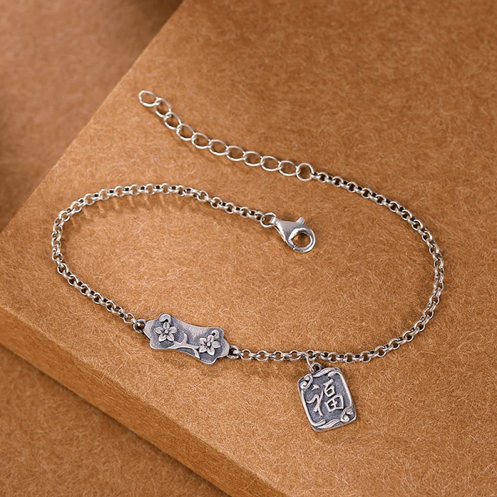 Girls Accessories Bracciale in Argento Sterling 925 Vintage per Donna Semplice Fiore di pruno Fu Parola Opaca Gioielli Classici Fascino Spiaggia Estiva Birthday Gift