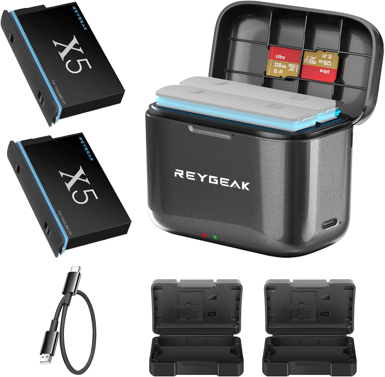 REYGEAK for Insta360 X5 Battery Charger Set 2 Pack 2800mAh Portable X5 Battery Extra Charger Case with 2 Charging Channel Can Store Misro SD Card Fully Compatible with 360 X5 Action Camera Accessories