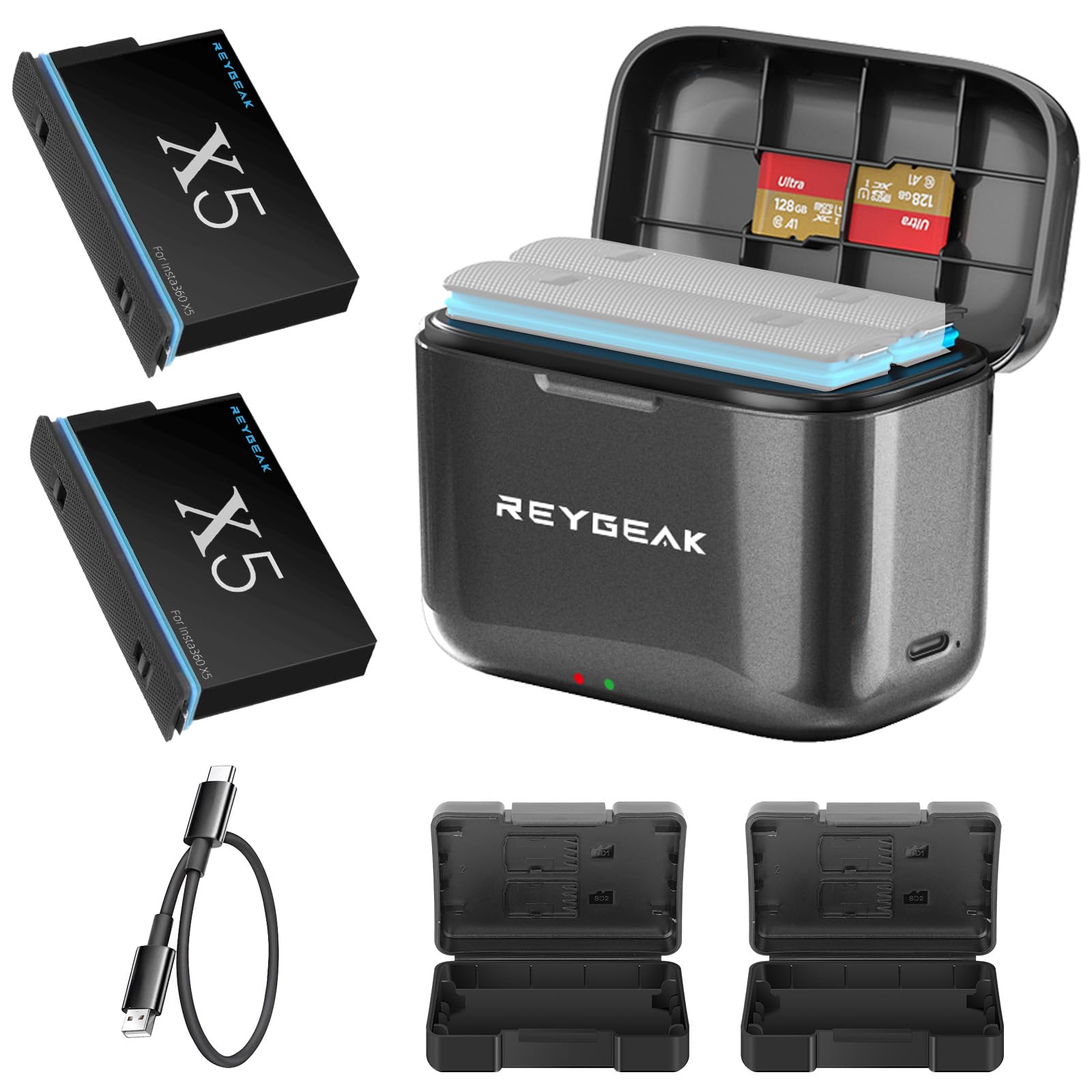 REYGEAK Batterie au lithium rechargeable pour Insta-360 X5, 2 x 2800mAh Batteries Haute Performance avec Chargeur pour insta-360 X5 (chargeur + 2 batteries)