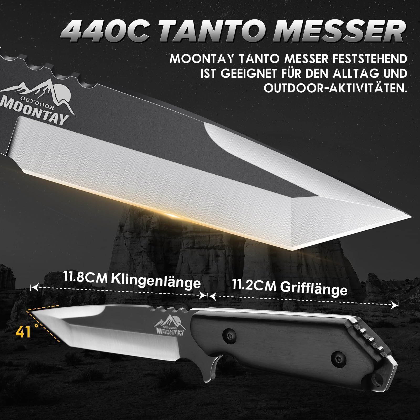 Moontay Cuchillo de Supervivencia con Pedernal, Hoja Fija Tanto de Acero 440C, Cuchillo de Caza con Funda, Full Tang con Mango de Madera, Cuchillo Multiusos Camping, Regalo para Hombres