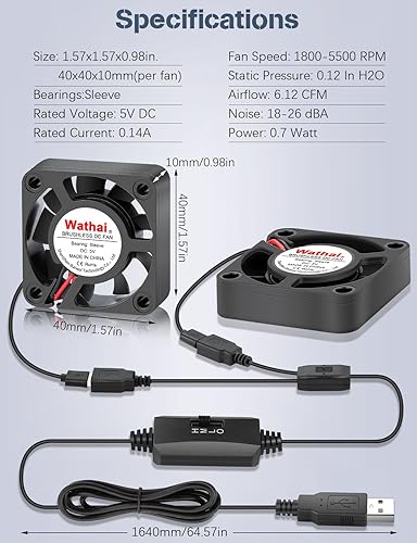 Miniatura 7 de Paquete de 2 ventiladores USB Wathai de 1.575 in x 1.575 x 0.394 in 5 V para receptor DVR Playstation Xbox Gabinete de computadora Enfriamiento