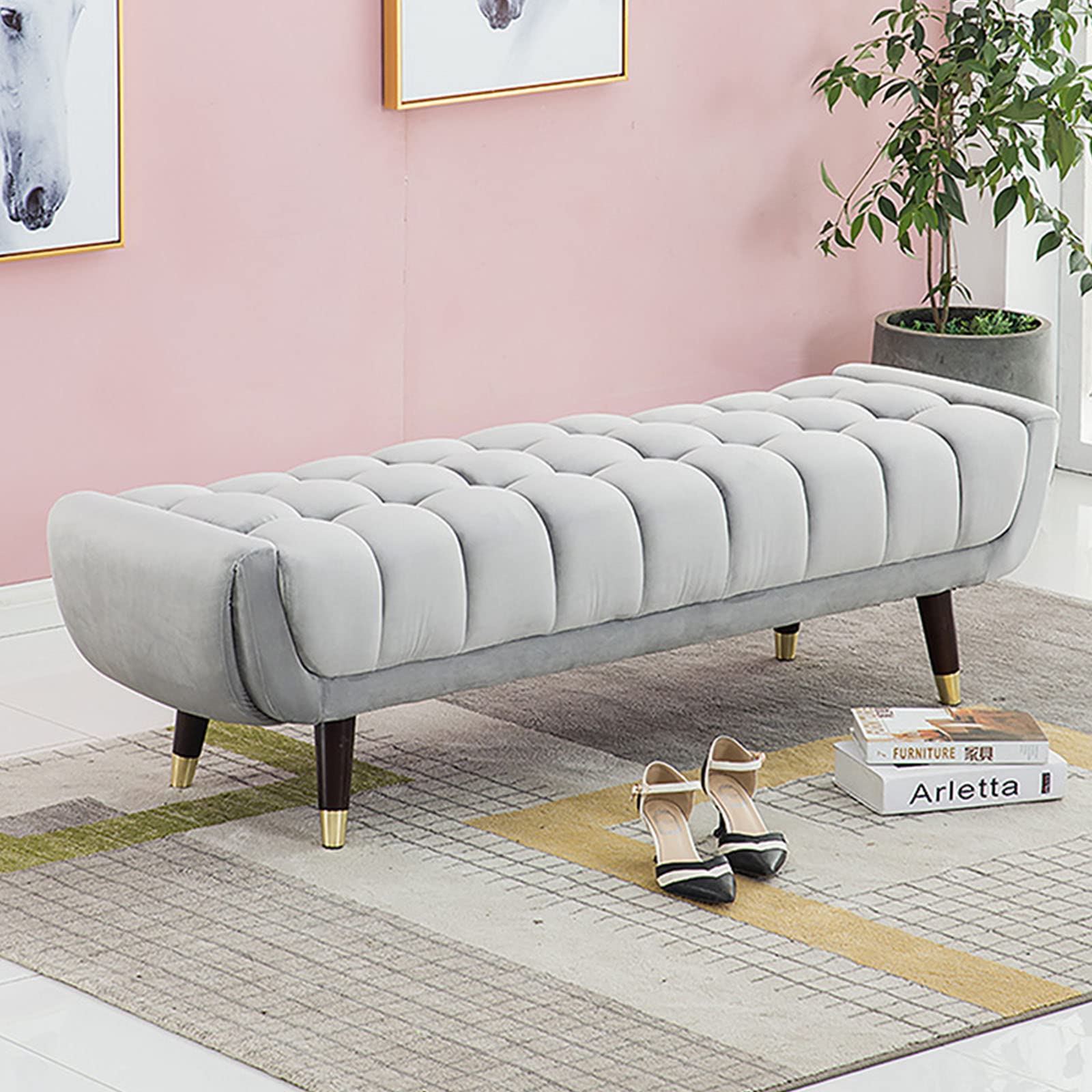Repose-pieds gris en velours 80x45x45 cm avec siège rembourré capitonné