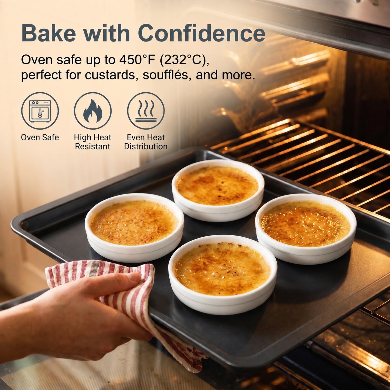 ONEMORE Creme Brulee Ramekins - Platos de cerámica para hornear de 4 onzas, juego de ramequines aptos para horno, tazas pequeñas de porcelana para soufflé, natillas, salsa de inmersión, utensilios de
