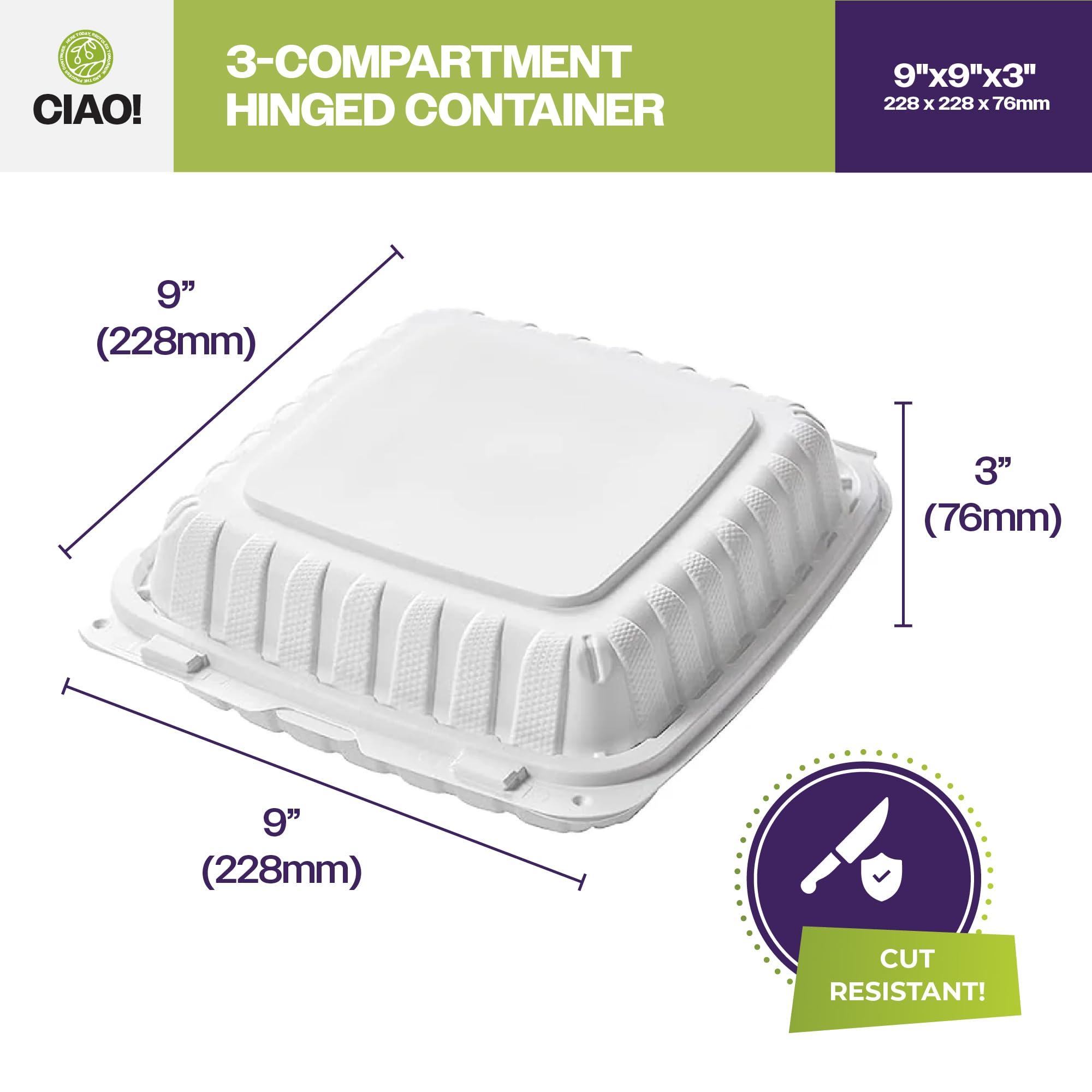 CIAO! Contenedor MFPP blanco con bisagras de 9 x 9 x 3 pulgadas con tapa, 3 compartimentos (caja de 150)