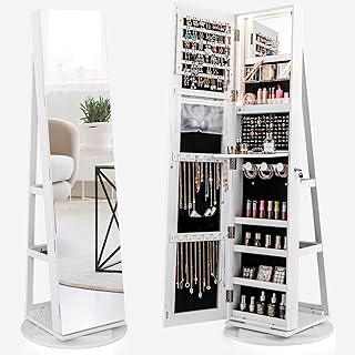 Mirror Jewelry Cabinet Standing with Full Length Mirror, 360° Swivel Je...