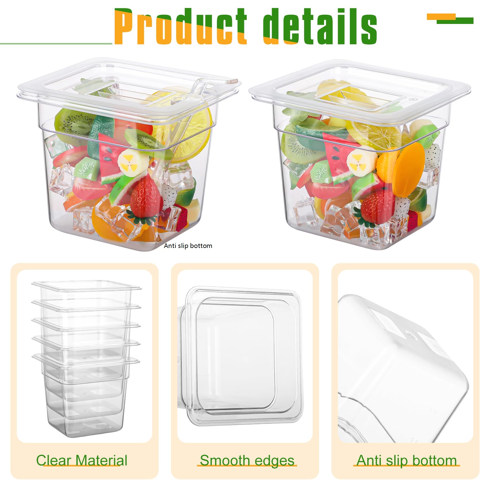 Confezione da 6 padelle per alimenti in plastica con coperchio, dimensioni 1/6, 15,2 cm, contenitori per alimenti da ristorante, impilabili, in policarbonato trasparente, per hotel, con 1 cucchiaio di
