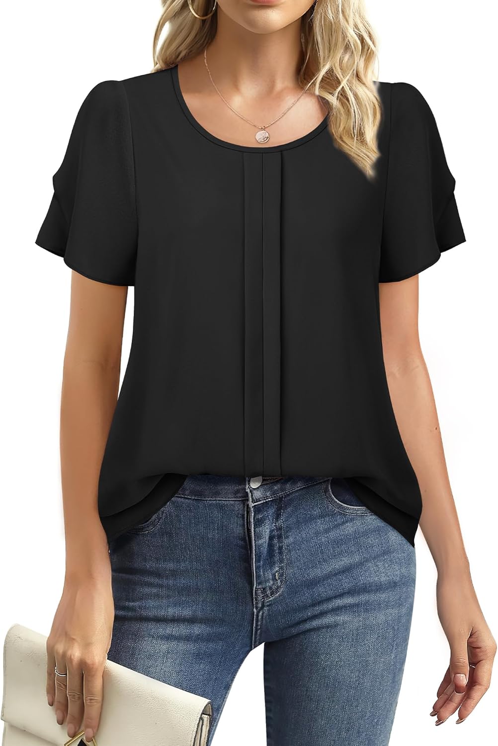 Chiffon Blouses for Women Business Casual Petal Short Sleeve Office Work Tops Dress Tunic Shirts - Image 2