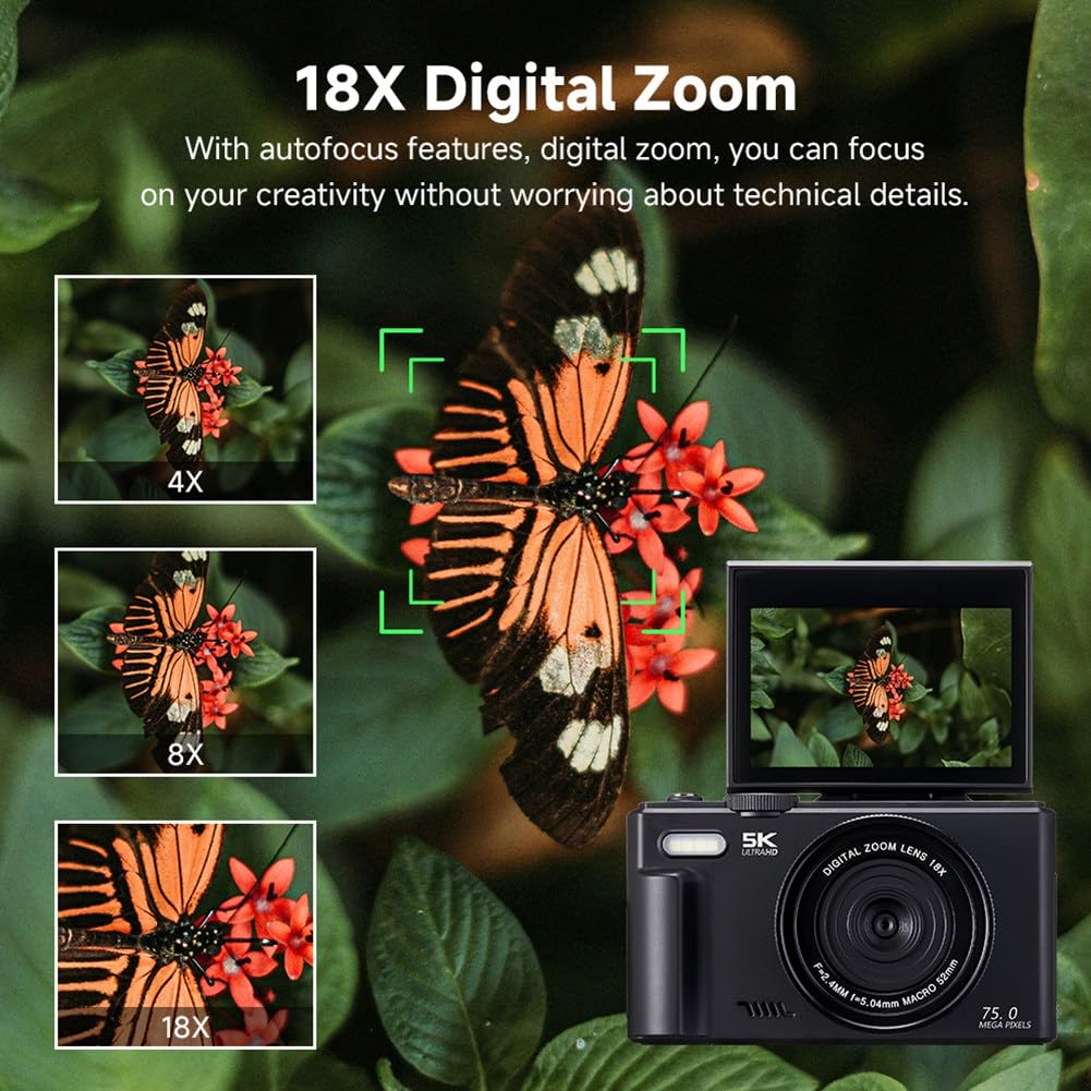 Fotocamera Digitale da 75 MP, Video 5K, Zoom 18X, Registratore Vlog Vintage, Schermo Girevole A 180°, Wi-Fi - Ideale per I Creatori di Contenuti