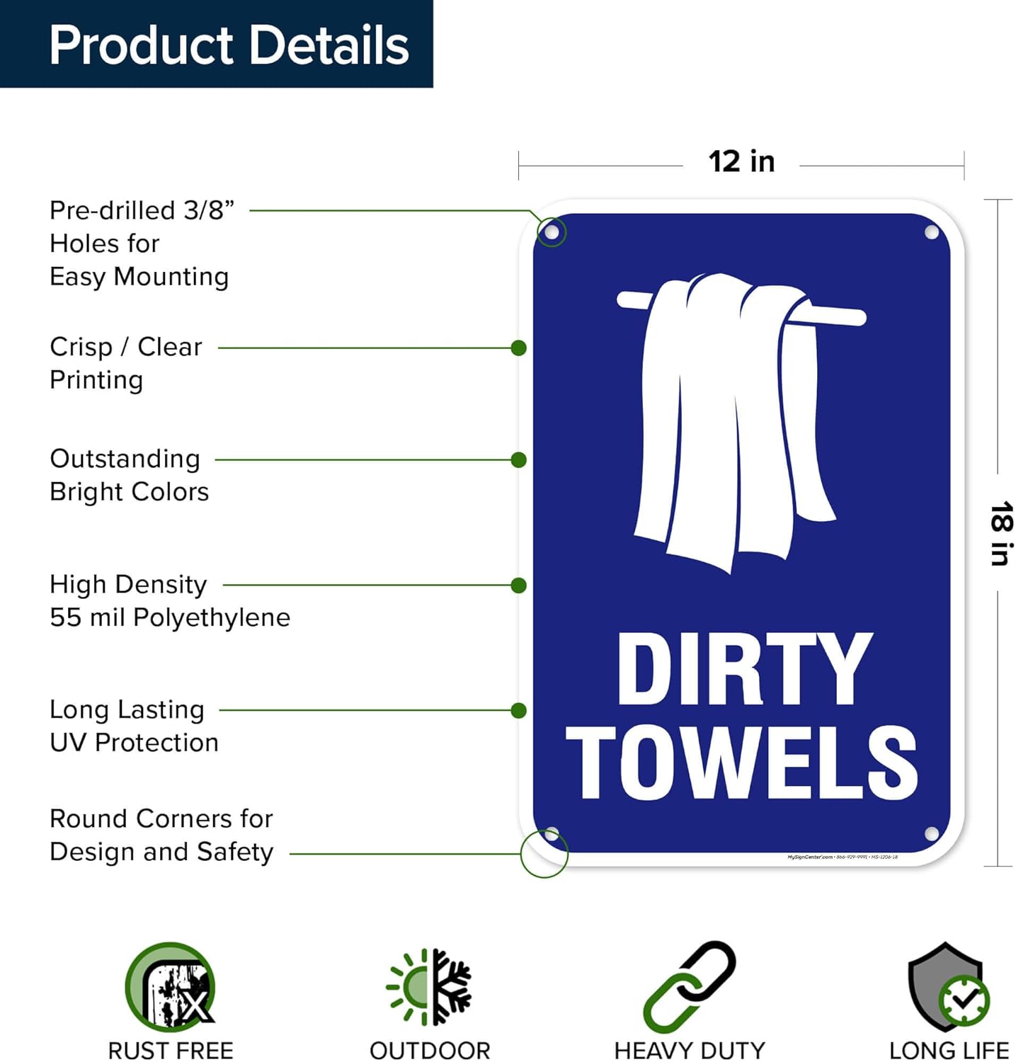 Dirty Towels Sign, 12"x18" Polyethylene, Indoor/Outdoor Use, USA MADE By My Sign Center