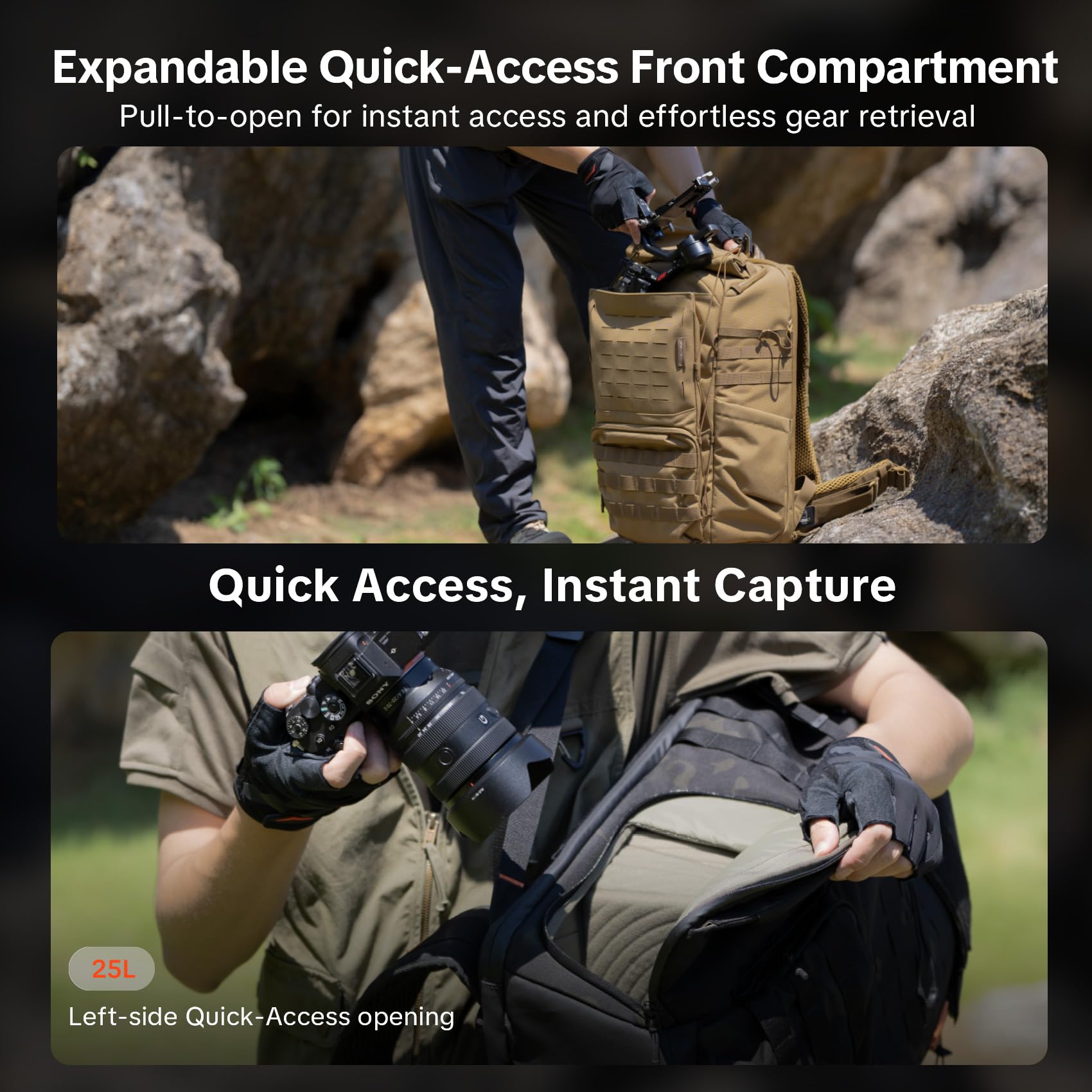 PGYTECH OneMo TAC Mochila Fotografia Profesional 25L Táctica Mochila para Cámara Impermeable para Cámaras DSLR/SLR/Mirrorless, Portátil de 15,6", Cubierta para Lluvia, Marrón Lobo