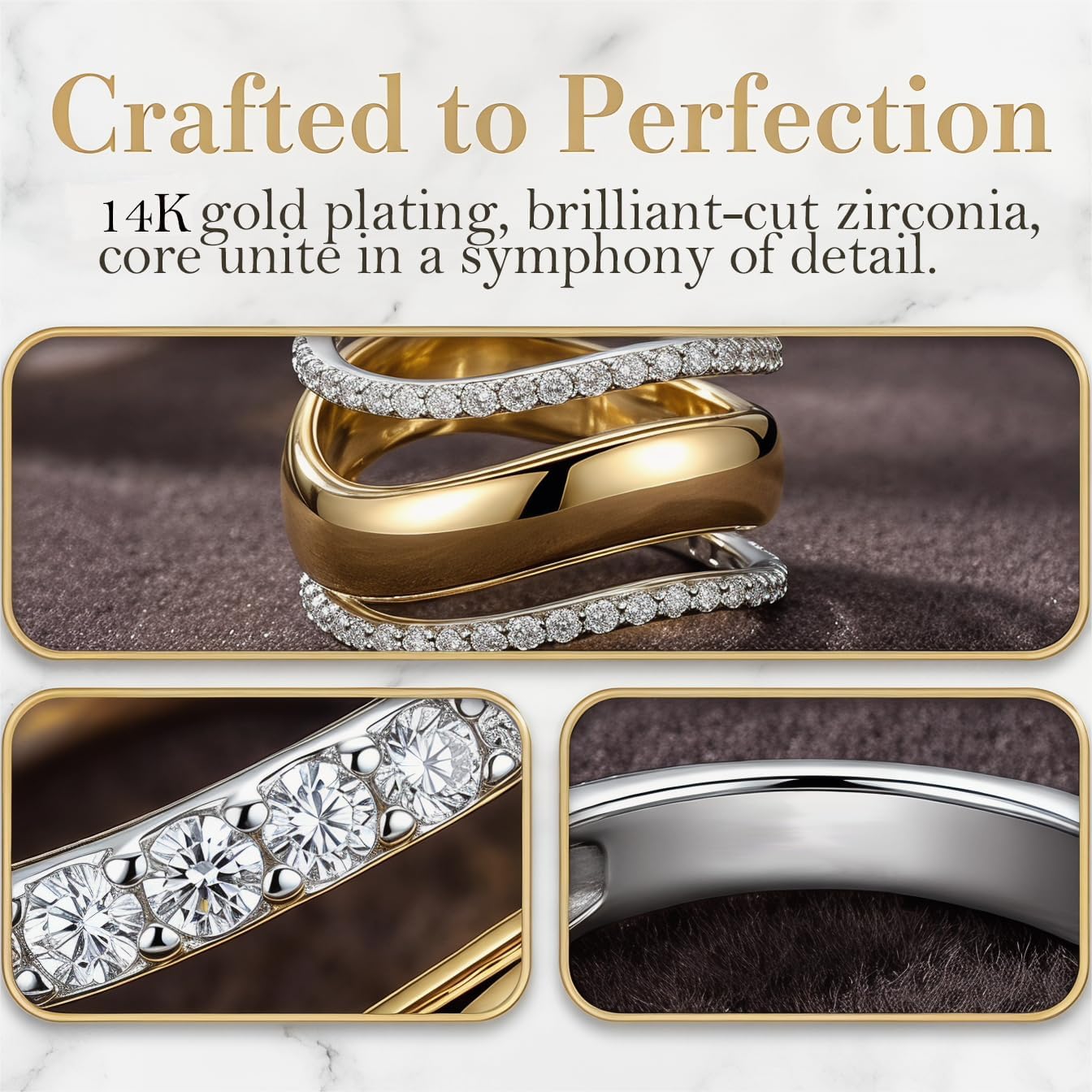 Stackable Gold Rings for Women Wavy Band Mixed Metals Dainty 14K Gold Plated Cubic Zirconia Wedding Bands Ring Set Minimalist Thumb Promise Engagement Eternity Ring Stack Jewelry Size 5-11