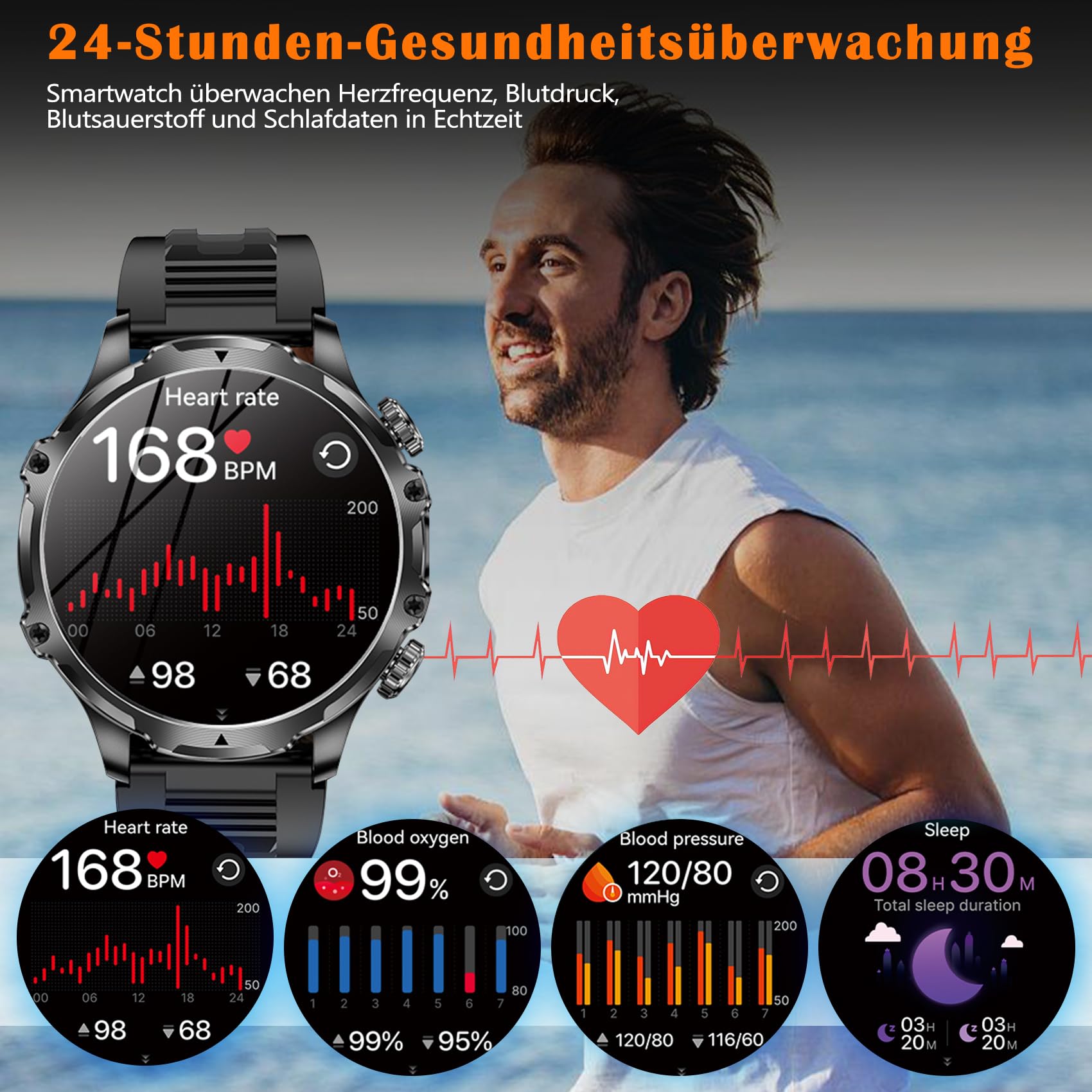 Montre Connectée Homme avec 1.9'' Grand Écran Acier Inoxydable Smartwatch Homme LED Lampe de Poche, Appel Bluetooth Fréquence Cardiaque Sommeil Surveillance Sportifs Podomètre Étanche IP68