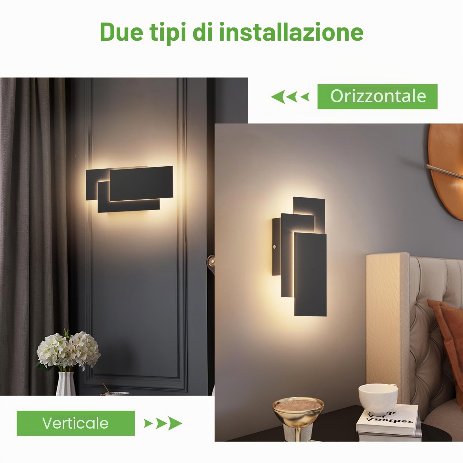 K-Bright 24W Lampada da Parete Applique da Parete Interni Moderno LED Bianco naturale 4000K Lampada da Muro per Soggiorno, Camera da letto, Corridoio, Scale (Nero)
