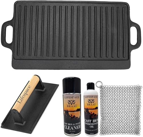 Lifespace Reversible Griddle Pan, Cast Iron Meat/Bacon Press & Cast Iron Care & Protect Bundle